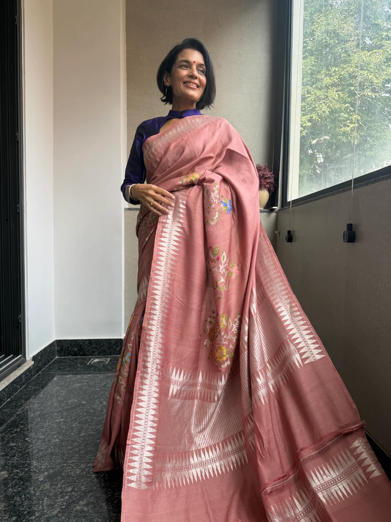 Rose Pink Handloom Tussar Saree with Double Temple Border — Banarasi, Handloom Tussar, view 2