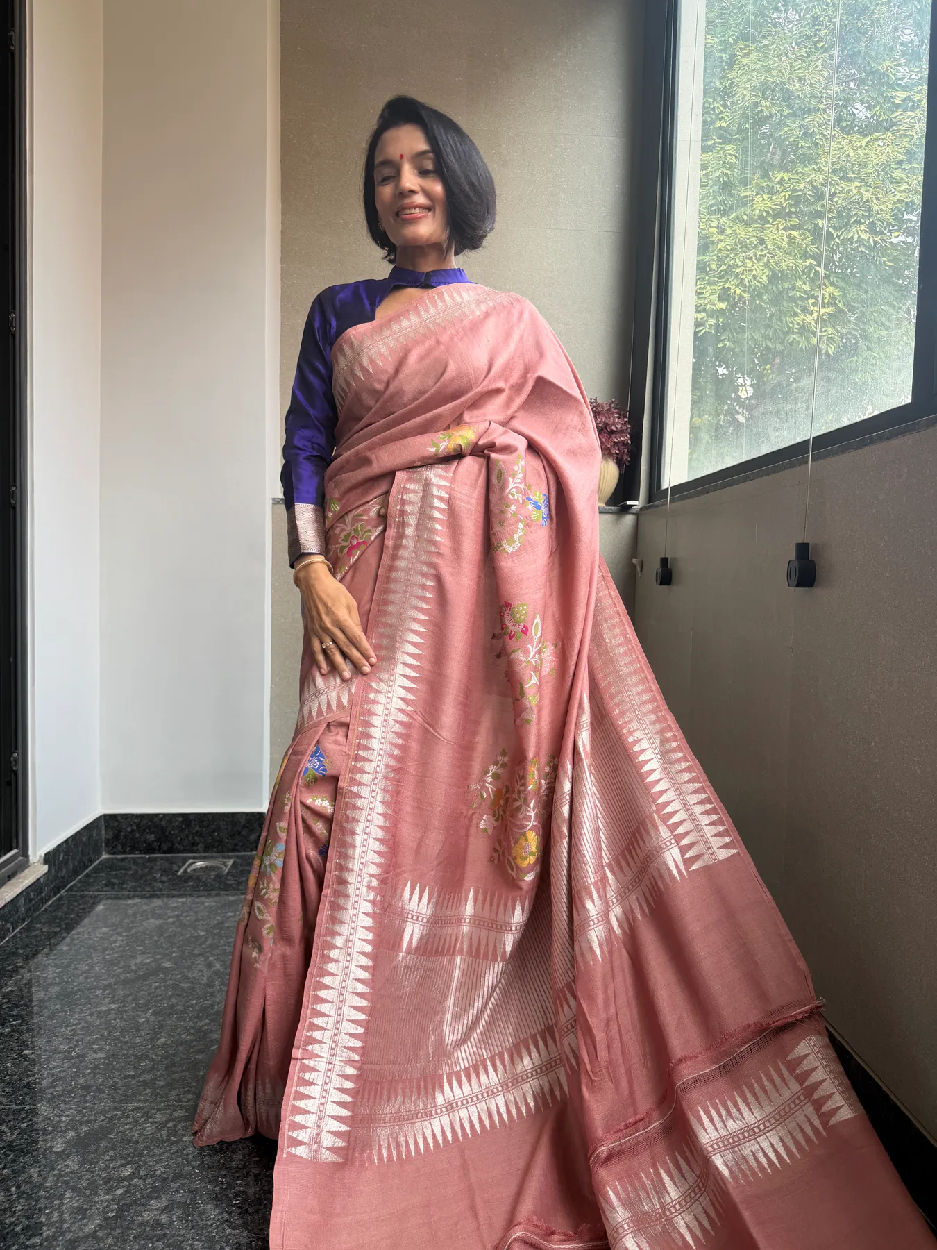 Rose Pink Handloom Tussar Saree with Double Temple Border — Banarasi, Handloom Tussar, view 5