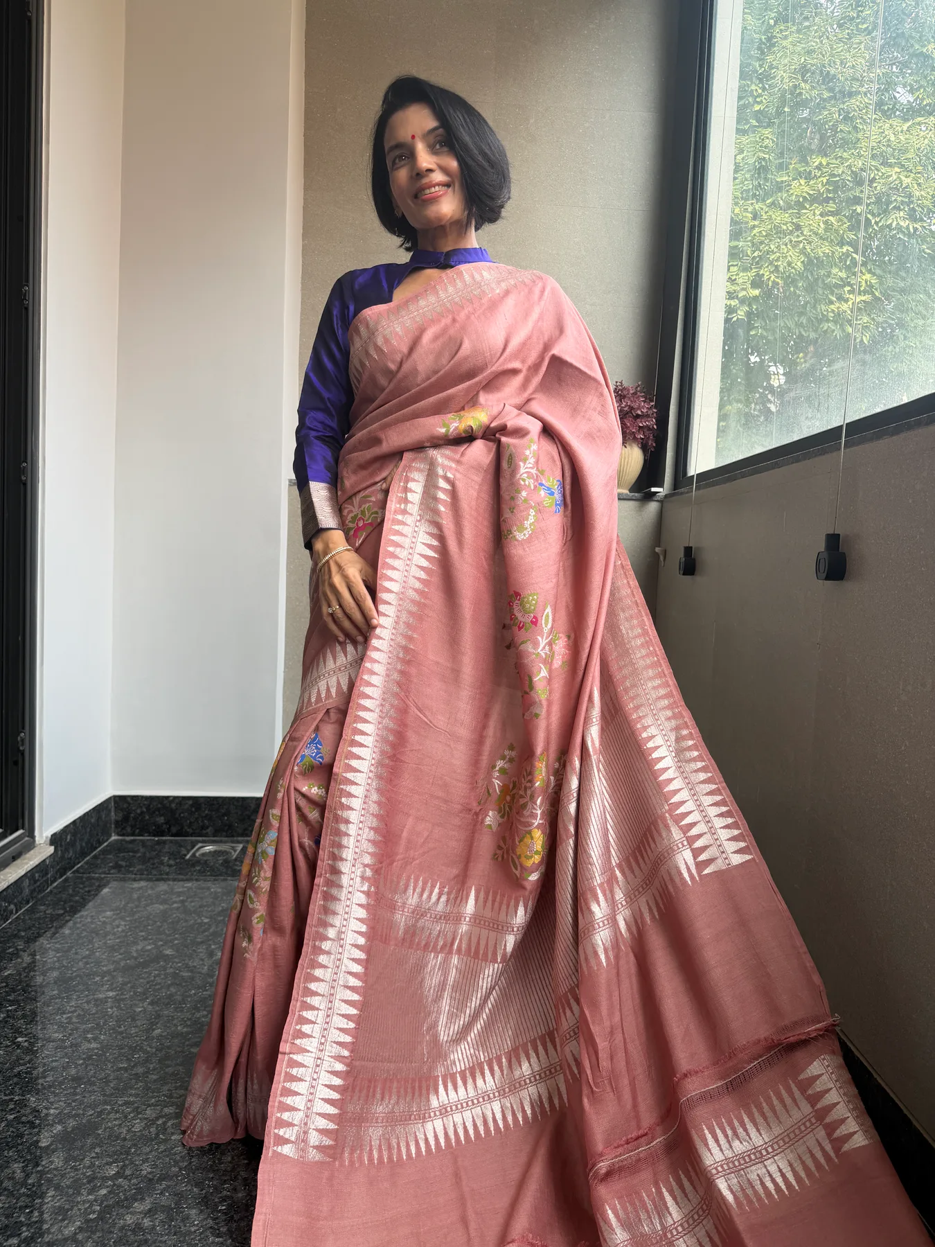 Rose Pink Handloom Tussar Saree with Double Temple Border — Banarasi, Handloom Tussar, view 3