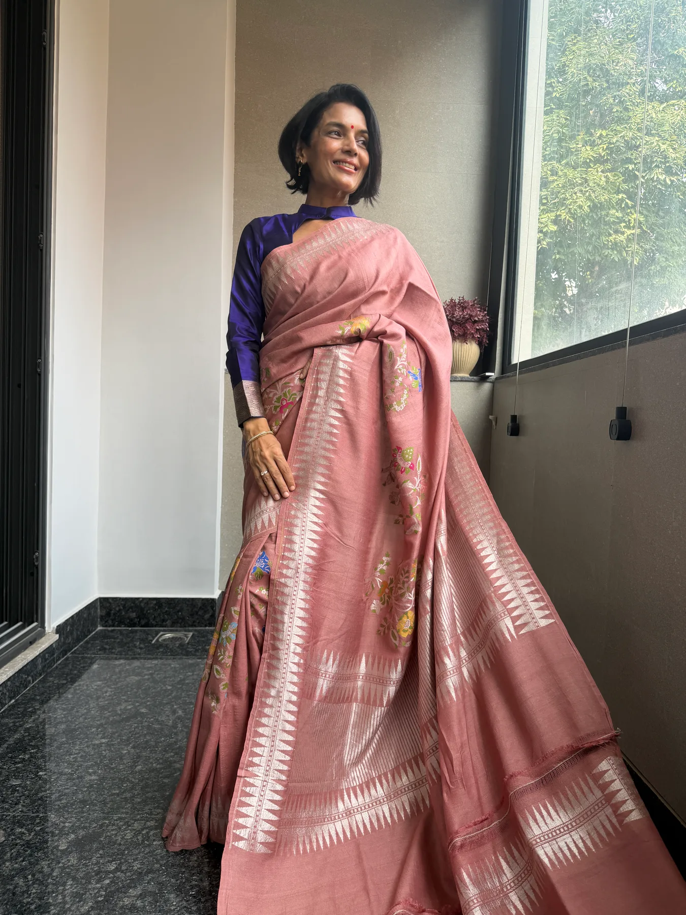 Rose Pink Handloom Tussar Saree with Double Temple Border — Banarasi, Handloom Tussar, view 4