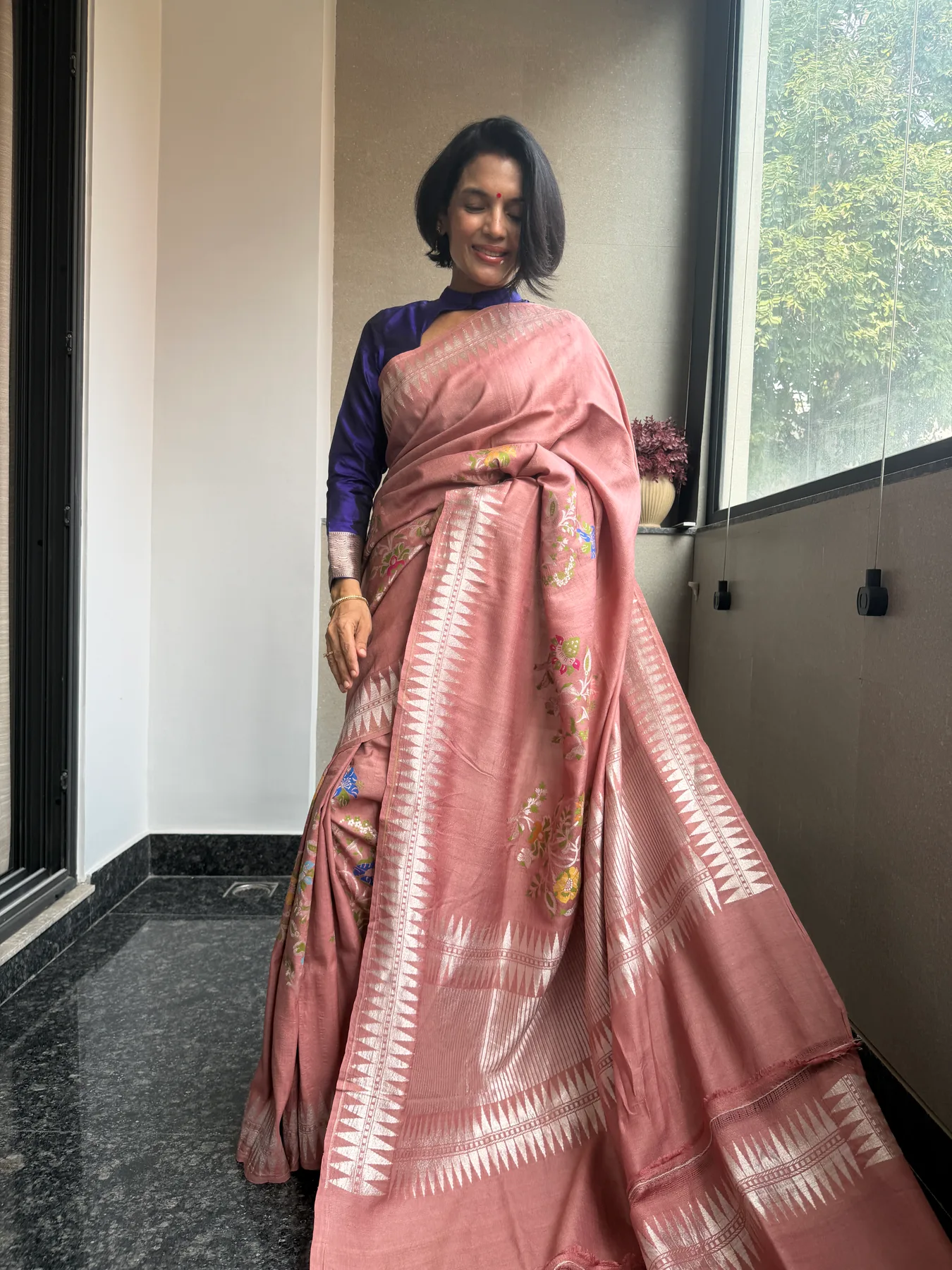 Rose Pink Handloom Tussar Saree with Double Temple Border — Banarasi, Handloom Tussar, view 6