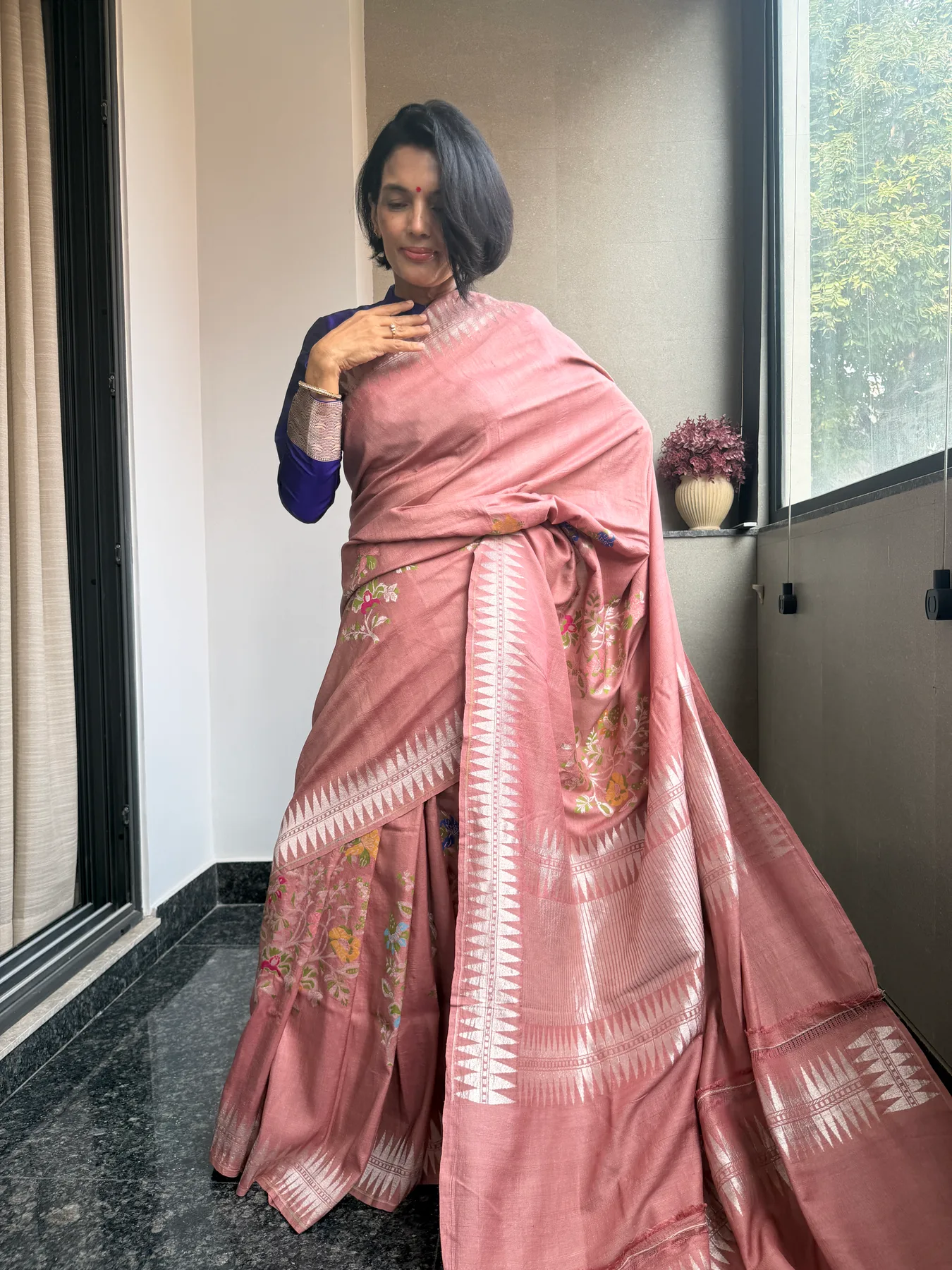 Rose Pink Handloom Tussar Saree with Double Temple Border — Banarasi, Handloom Tussar, view 8