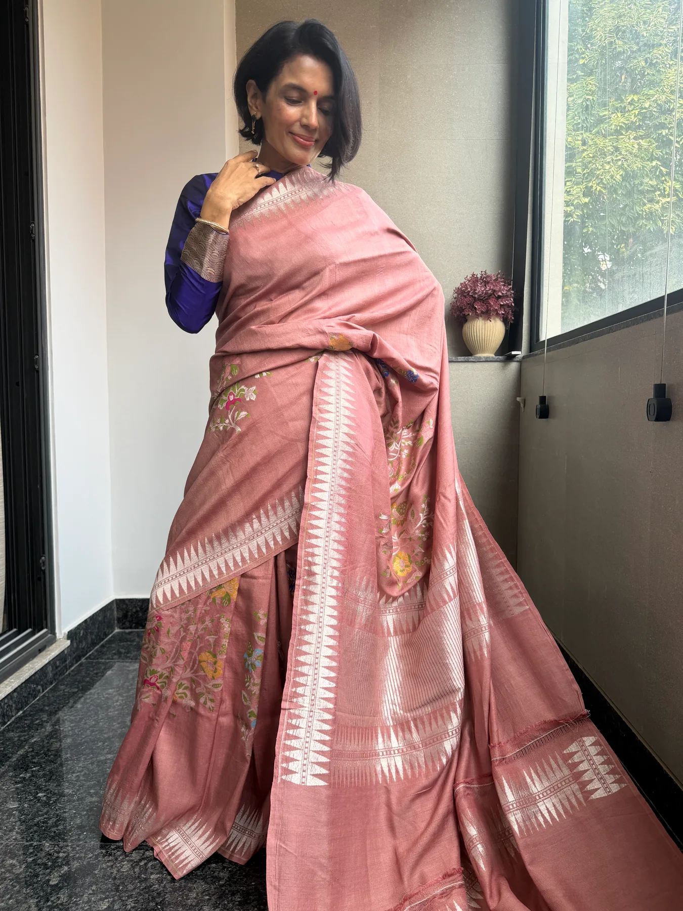 Rose Pink Handloom Tussar Saree with Double Temple Border — Banarasi, Handloom Tussar, view 9