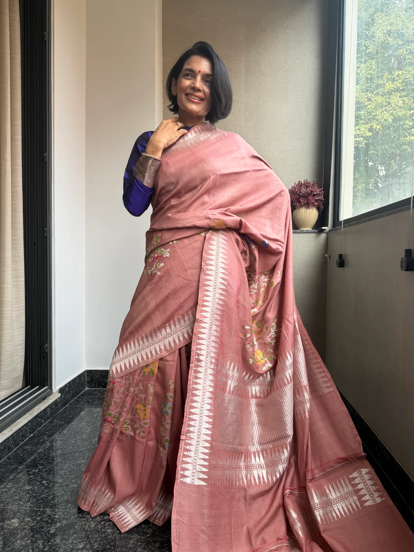 Rose Pink Handloom Tussar Saree with Double Temple Border — Banarasi, Handloom Tussar, view 7