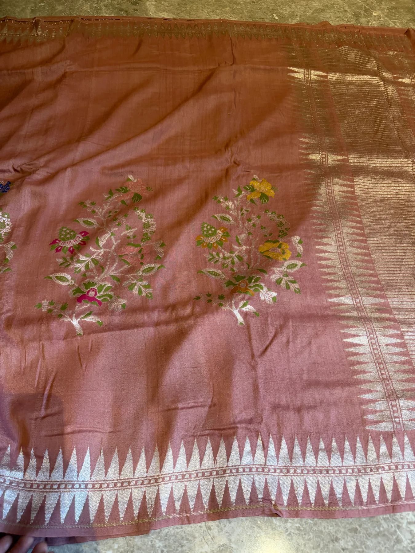 Rose Pink Handloom Tussar Saree with Double Temple Border — Banarasi, Handloom Tussar, view 10