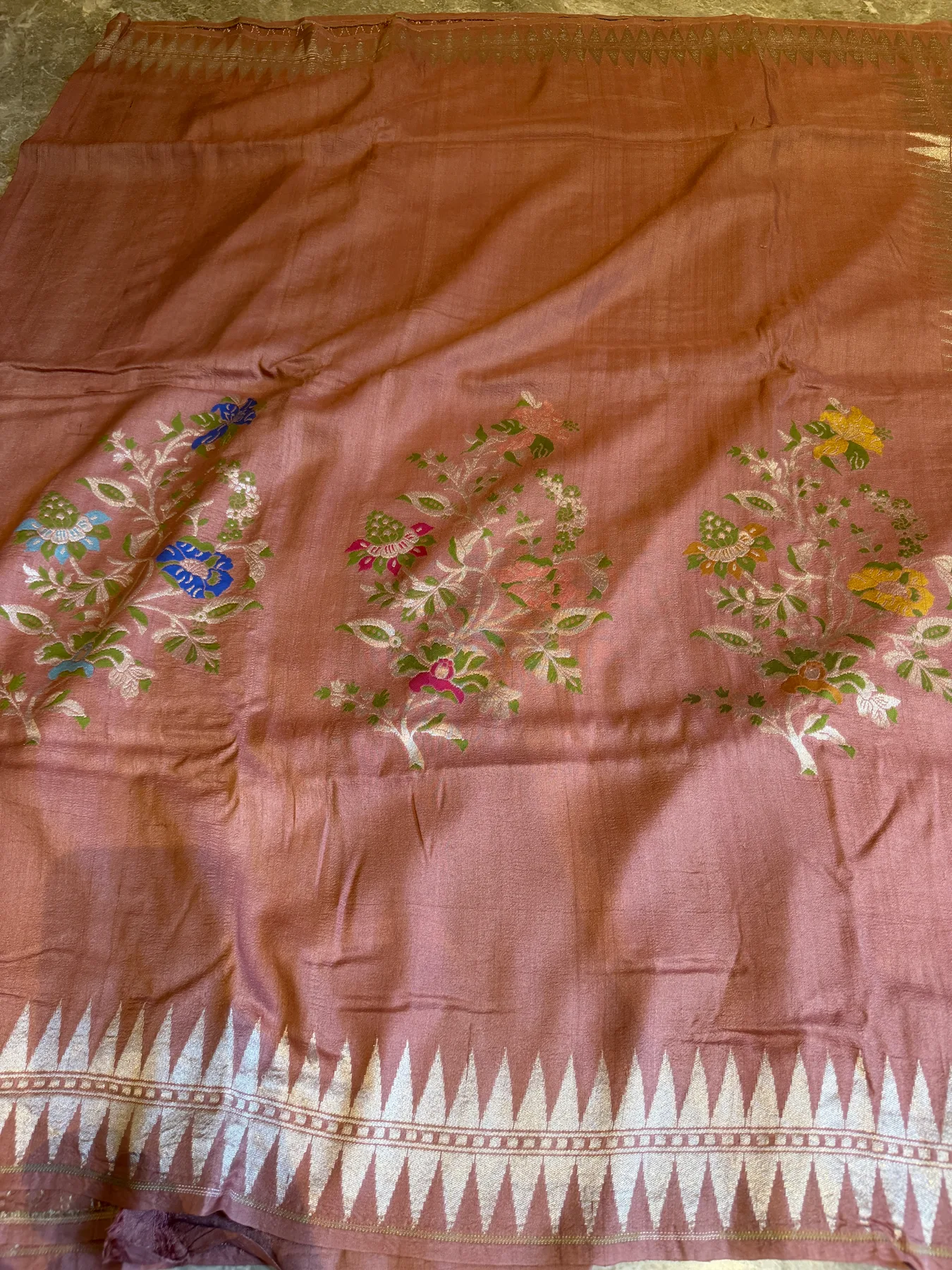 Rose Pink Handloom Tussar Saree with Double Temple Border — Banarasi, Handloom Tussar, view 11
