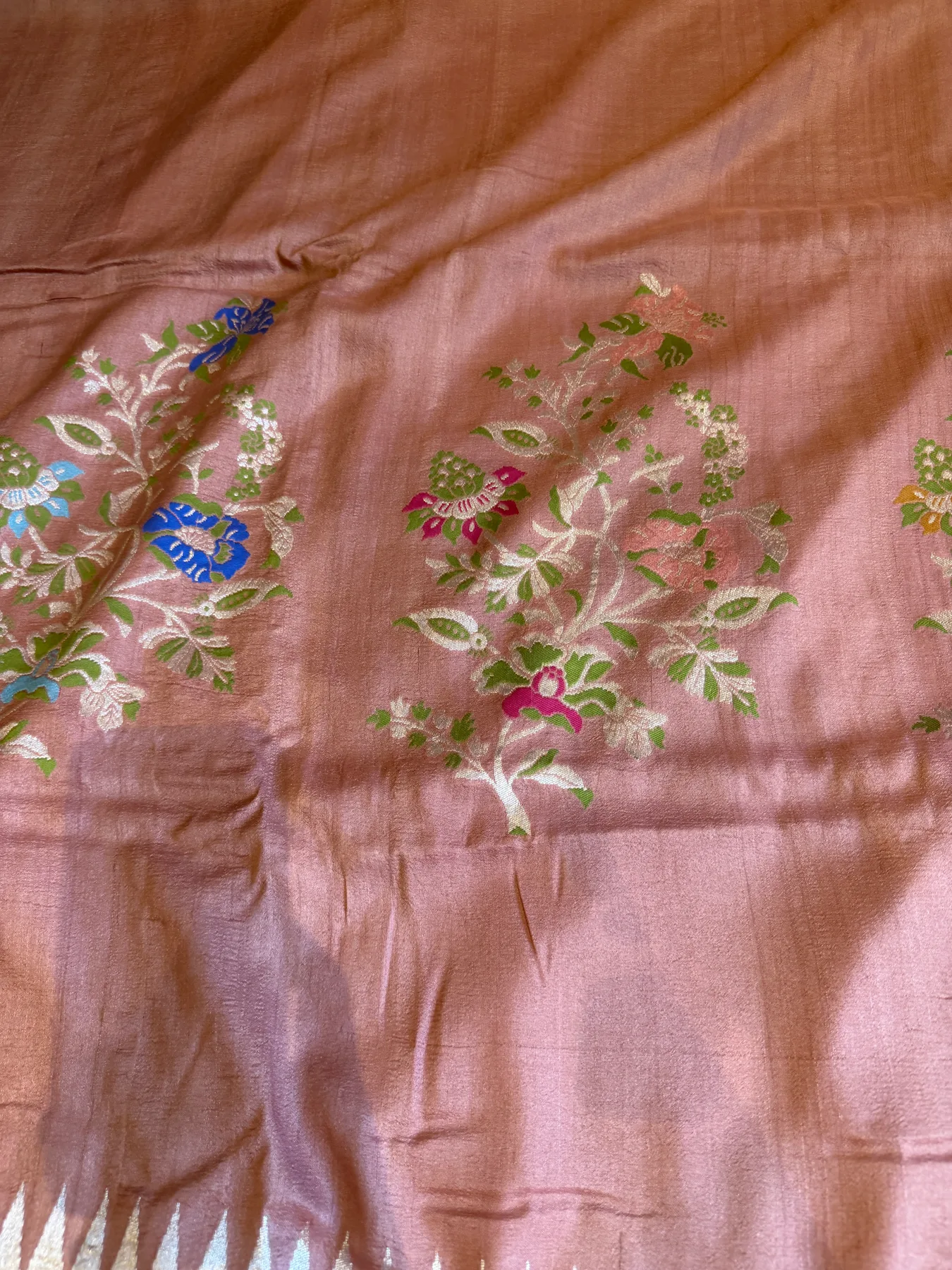 Rose Pink Handloom Tussar Saree with Double Temple Border — Banarasi, Handloom Tussar, view 12