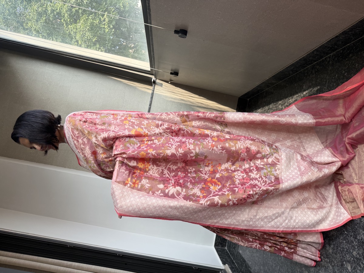 Rose Pink Tissue Cotton Cutwork Jamdani Banarasi Saree — Banarasi, Tissue Cotton, Varanasi, Uttar Pradesh, view 6