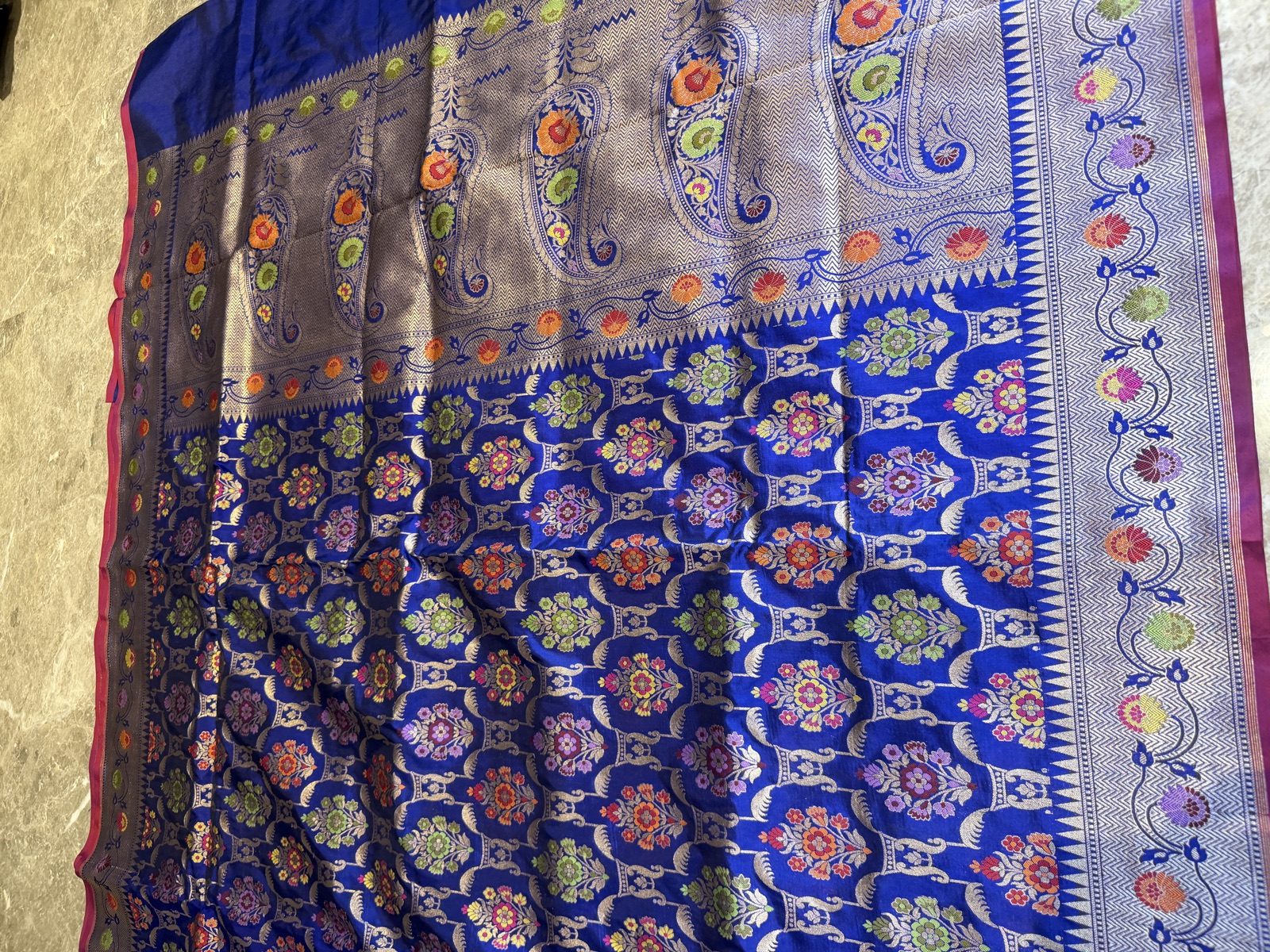 Royal Blue Ektara Katan Silk Banarasi Saree with Multi-Meenakari Buti — Banarasi, Katan Silk, Varanasi, Uttar Pradesh, view 5