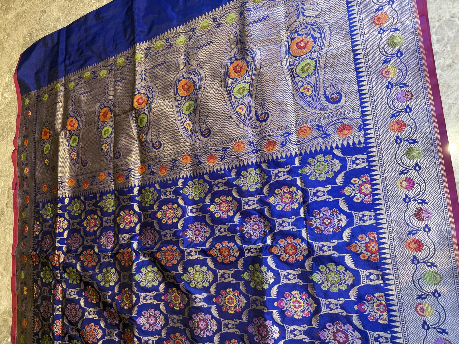 Royal Blue Ektara Katan Silk Banarasi Saree with Multi-Meenakari Buti — Banarasi, Katan Silk, Varanasi, Uttar Pradesh, view 6