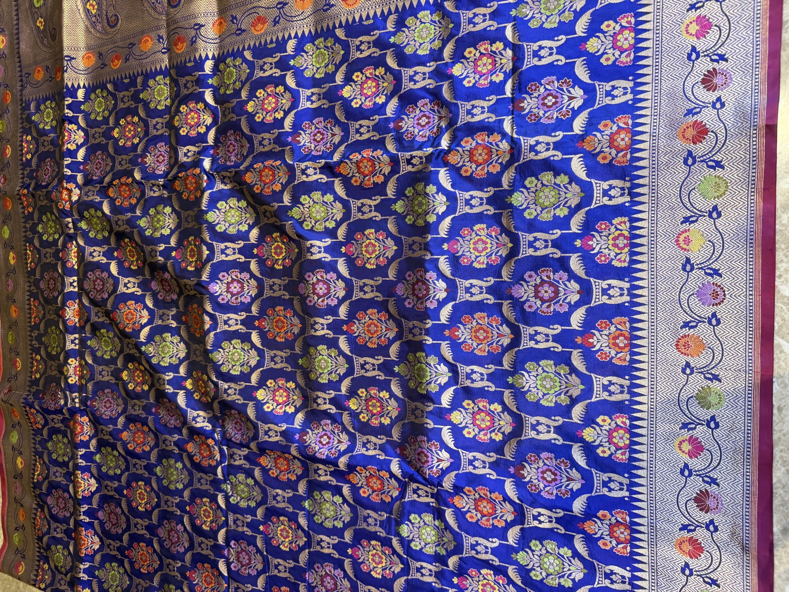 Royal Blue Ektara Katan Silk Banarasi Saree with Multi-Meenakari Buti — Banarasi, Katan Silk, Varanasi, Uttar Pradesh, view 7