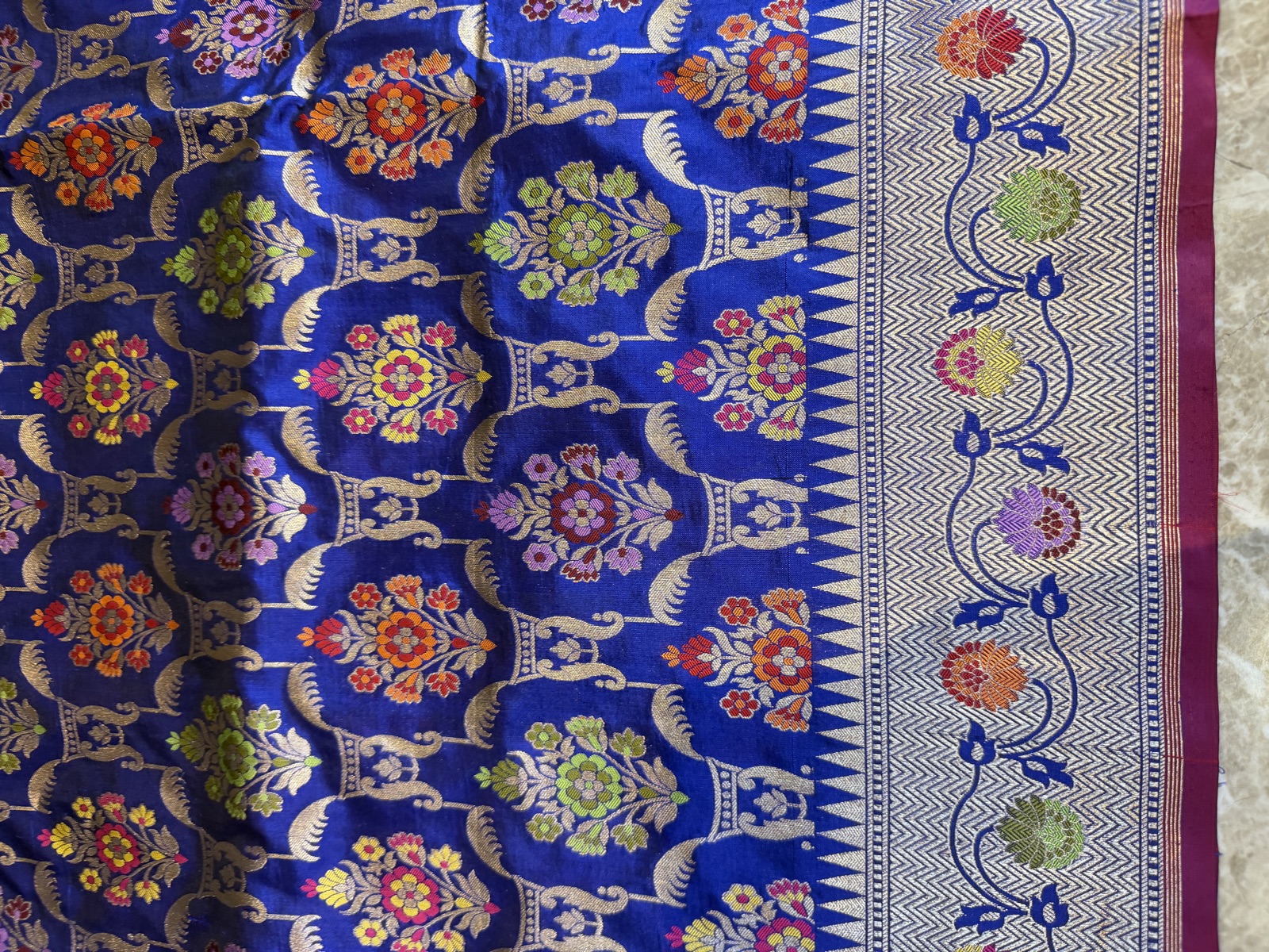 Royal Blue Ektara Katan Silk Banarasi Saree with Multi-Meenakari Buti — Banarasi, Katan Silk, Varanasi, Uttar Pradesh, view 8
