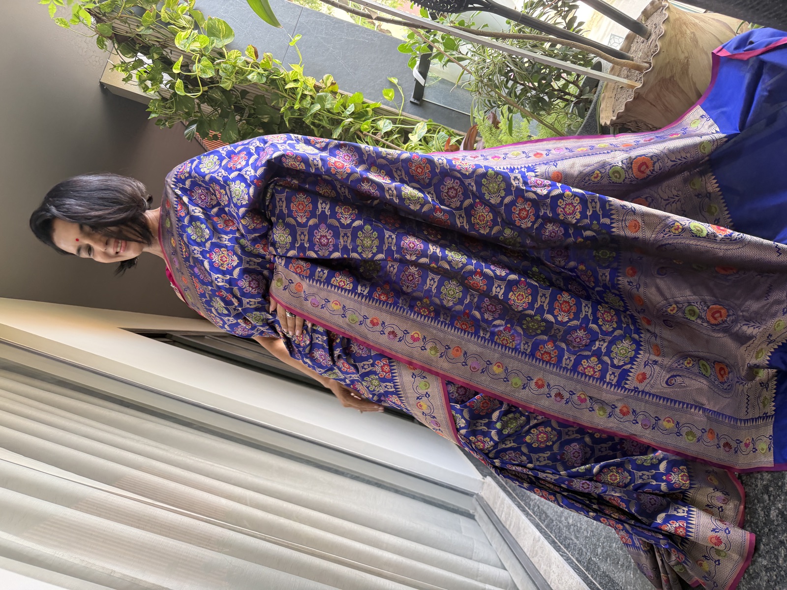 Royal Blue Ektara Katan Silk Banarasi Saree with Multi-Meenakari Buti — Banarasi, Katan Silk, Varanasi, Uttar Pradesh, view 2