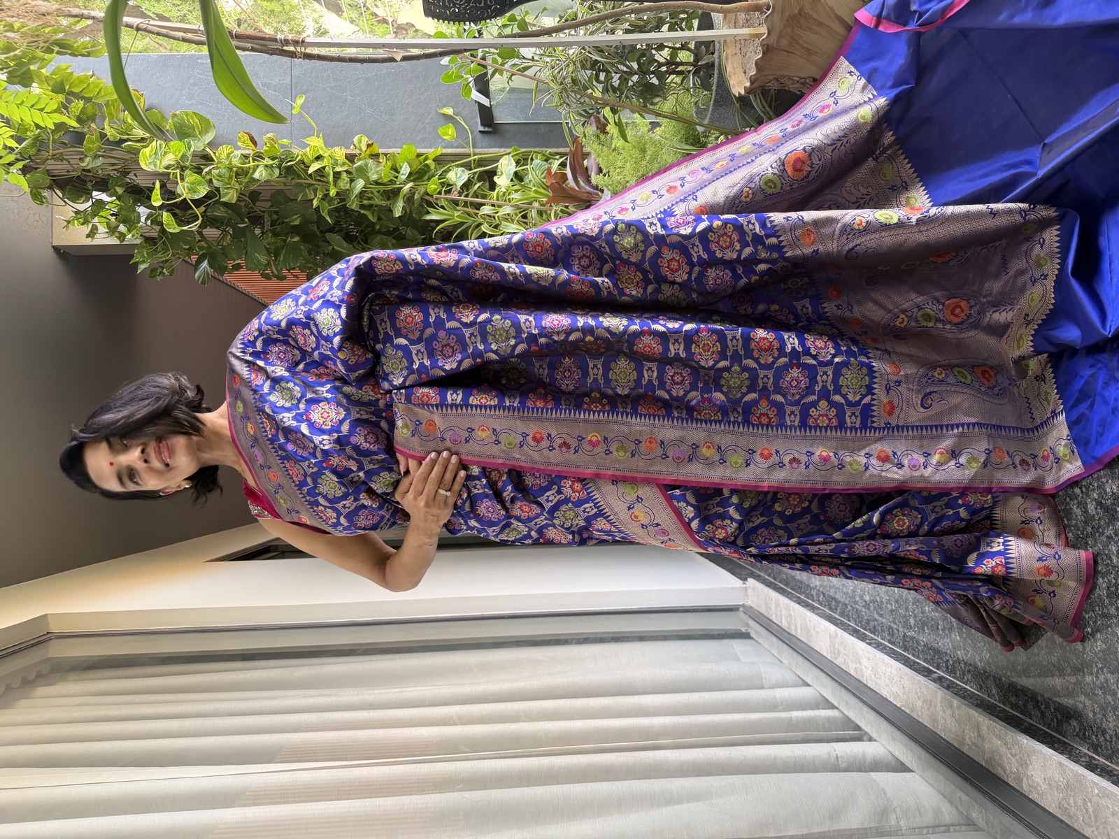 Royal Blue Ektara Katan Silk Banarasi Saree with Multi-Meenakari Buti — Banarasi, Katan Silk, Varanasi, Uttar Pradesh, view 3