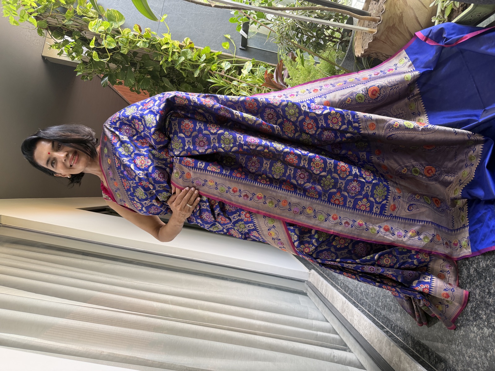 Royal Blue Ektara Katan Silk Banarasi Saree with Multi-Meenakari Buti — Banarasi, Katan Silk, Varanasi, Uttar Pradesh, view 4