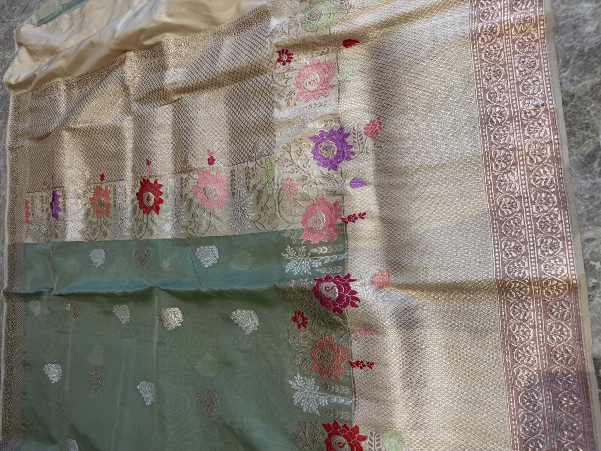 Sage Green Kora Silk Kaduwa Banarasi Saree with Sona Rupa Zari — Banarasi, Kora Silk, Varanasi, Uttar Pradesh, view 8