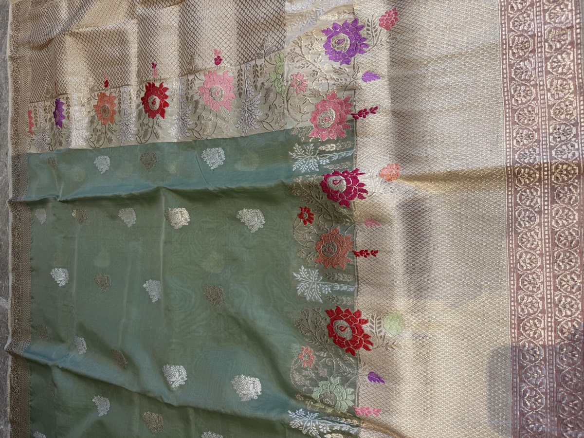 Sage Green Kora Silk Kaduwa Banarasi Saree with Sona Rupa Zari — Banarasi, Kora Silk, Varanasi, Uttar Pradesh, view 9