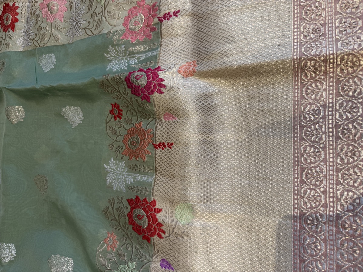 Sage Green Kora Silk Kaduwa Banarasi Saree with Sona Rupa Zari — Banarasi, Kora Silk, Varanasi, Uttar Pradesh, view 10
