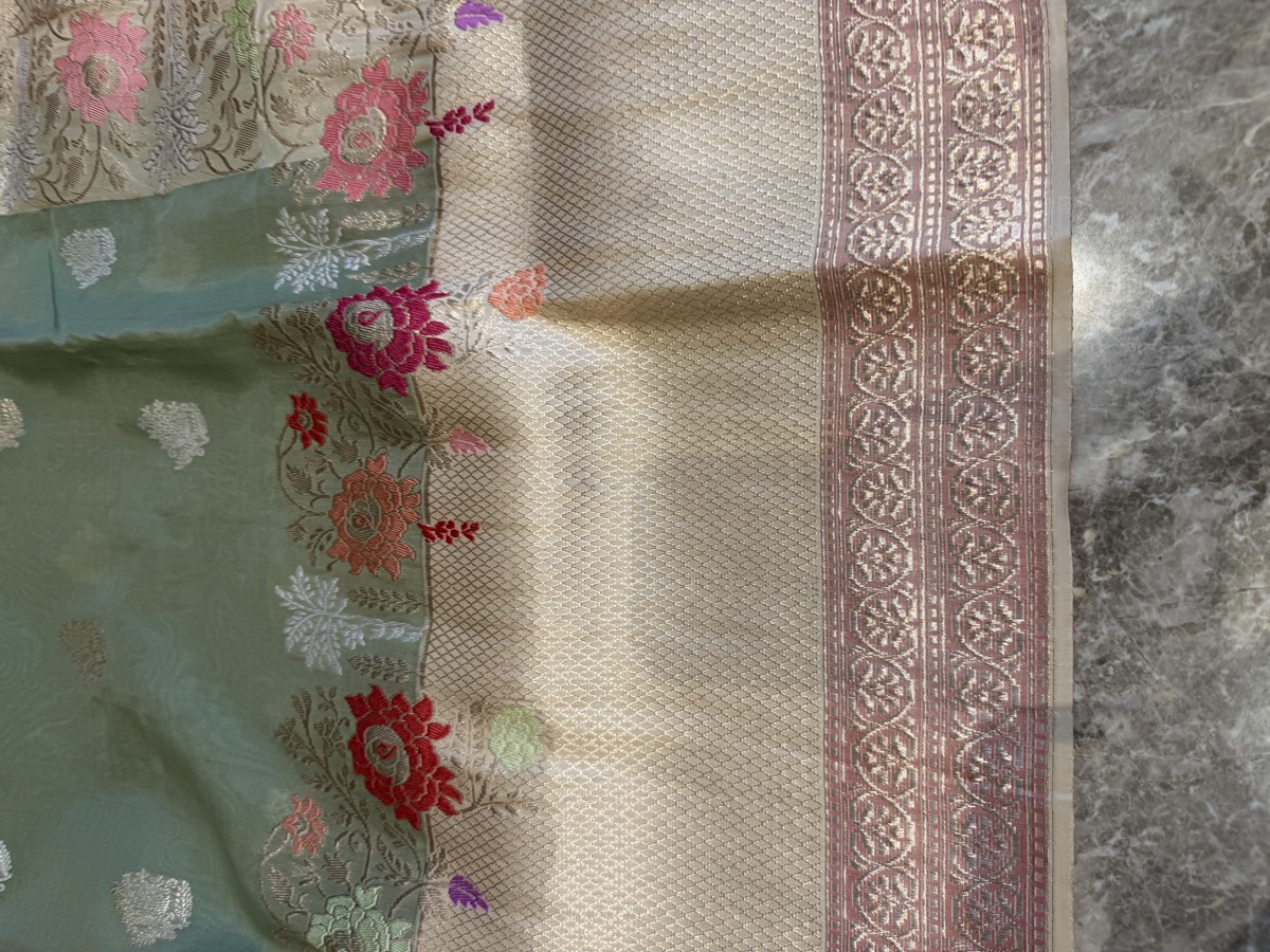 Sage Green Kora Silk Kaduwa Banarasi Saree with Sona Rupa Zari — Banarasi, Kora Silk, Varanasi, Uttar Pradesh, view 11