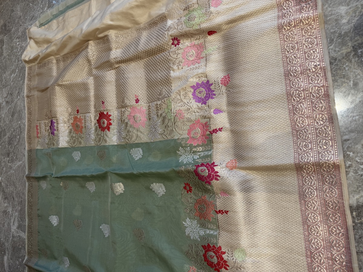 Sage Green Kora Silk Kaduwa Banarasi Saree with Sona Rupa Zari — Banarasi, Kora Silk, Varanasi, Uttar Pradesh, view 12