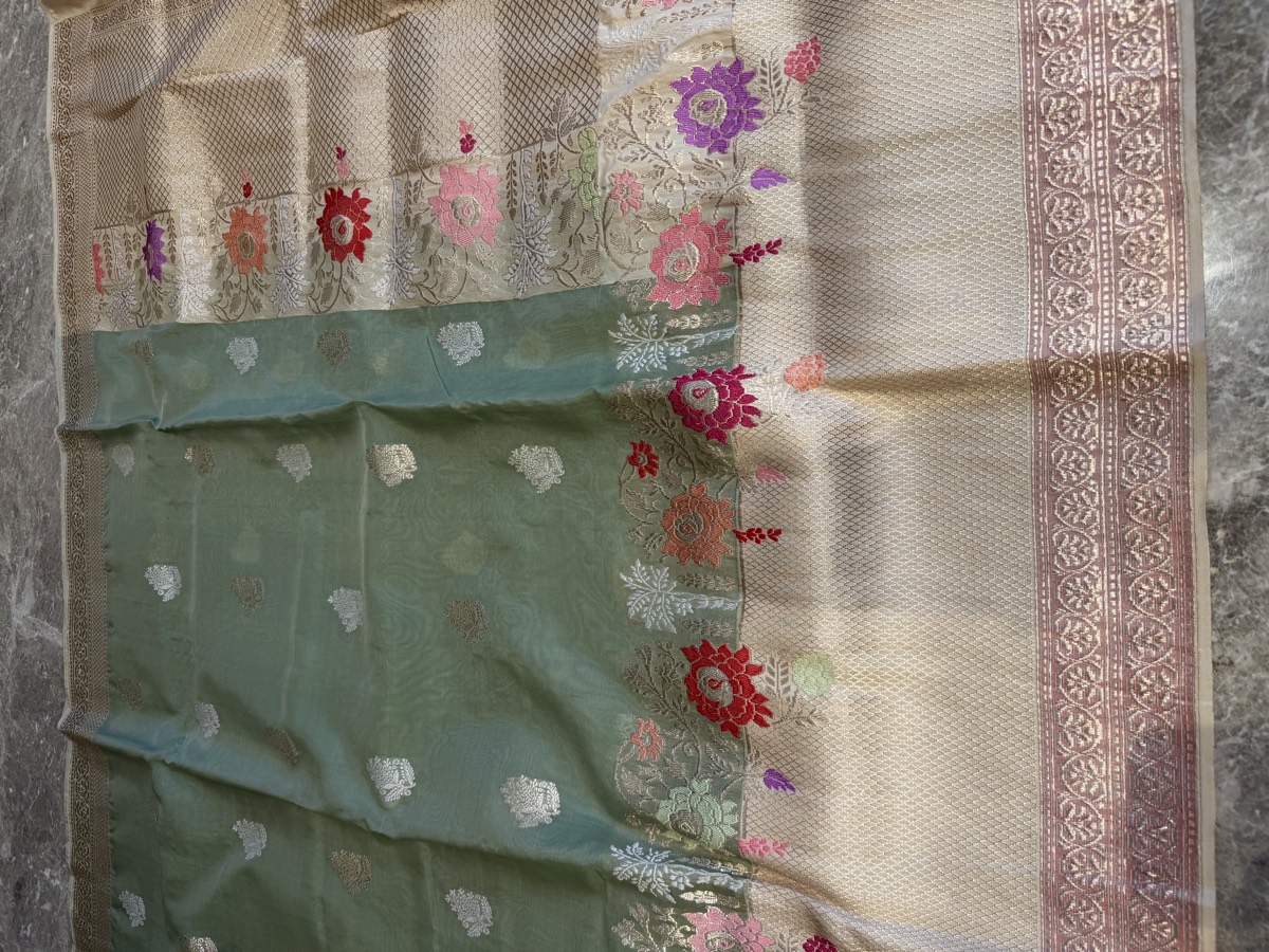 Sage Green Kora Silk Kaduwa Banarasi Saree with Sona Rupa Zari — Banarasi, Kora Silk, Varanasi, Uttar Pradesh, view 13