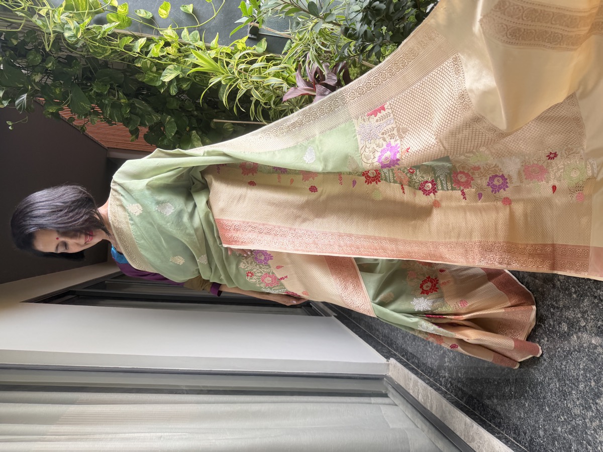 Sage Green Kora Silk Kaduwa Banarasi Saree with Sona Rupa Zari — Banarasi, Kora Silk, Varanasi, Uttar Pradesh, view 3