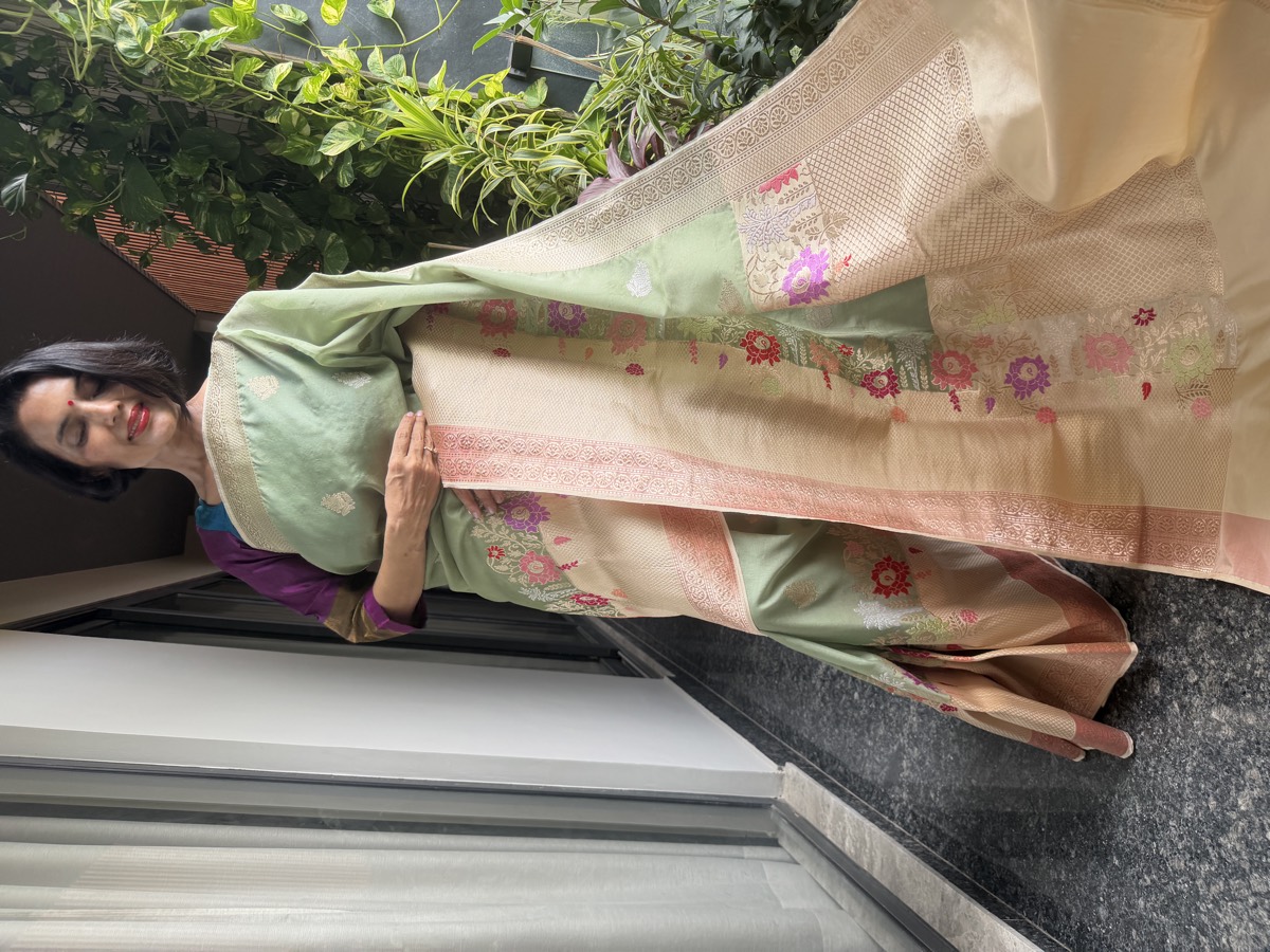 Sage Green Kora Silk Kaduwa Banarasi Saree with Sona Rupa Zari — Banarasi, Kora Silk, Varanasi, Uttar Pradesh, view 6