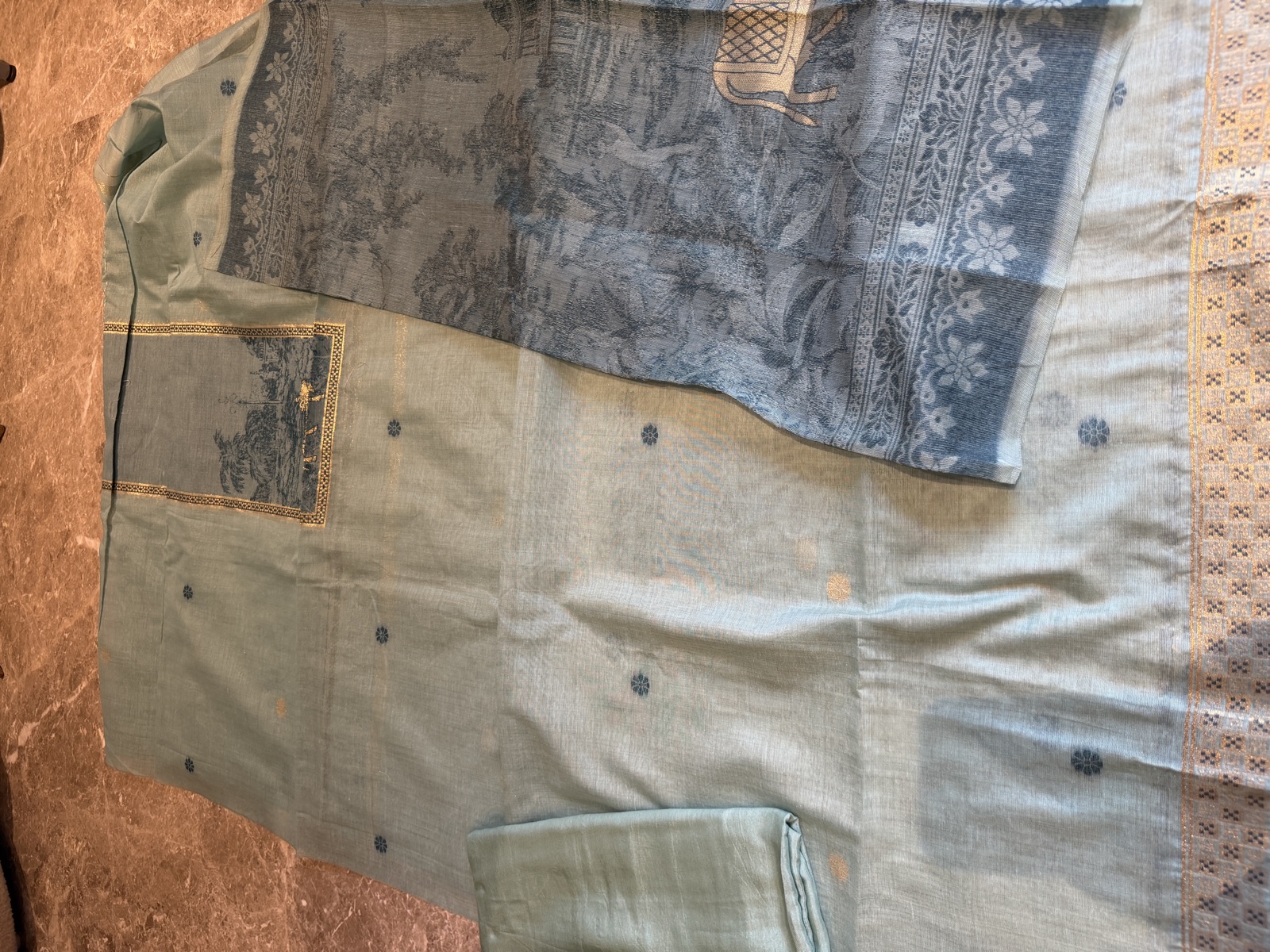 Sage Green Handspun Khadi Unstitched Suit Set with Pichwai Weave Dupatta — Khadi, India