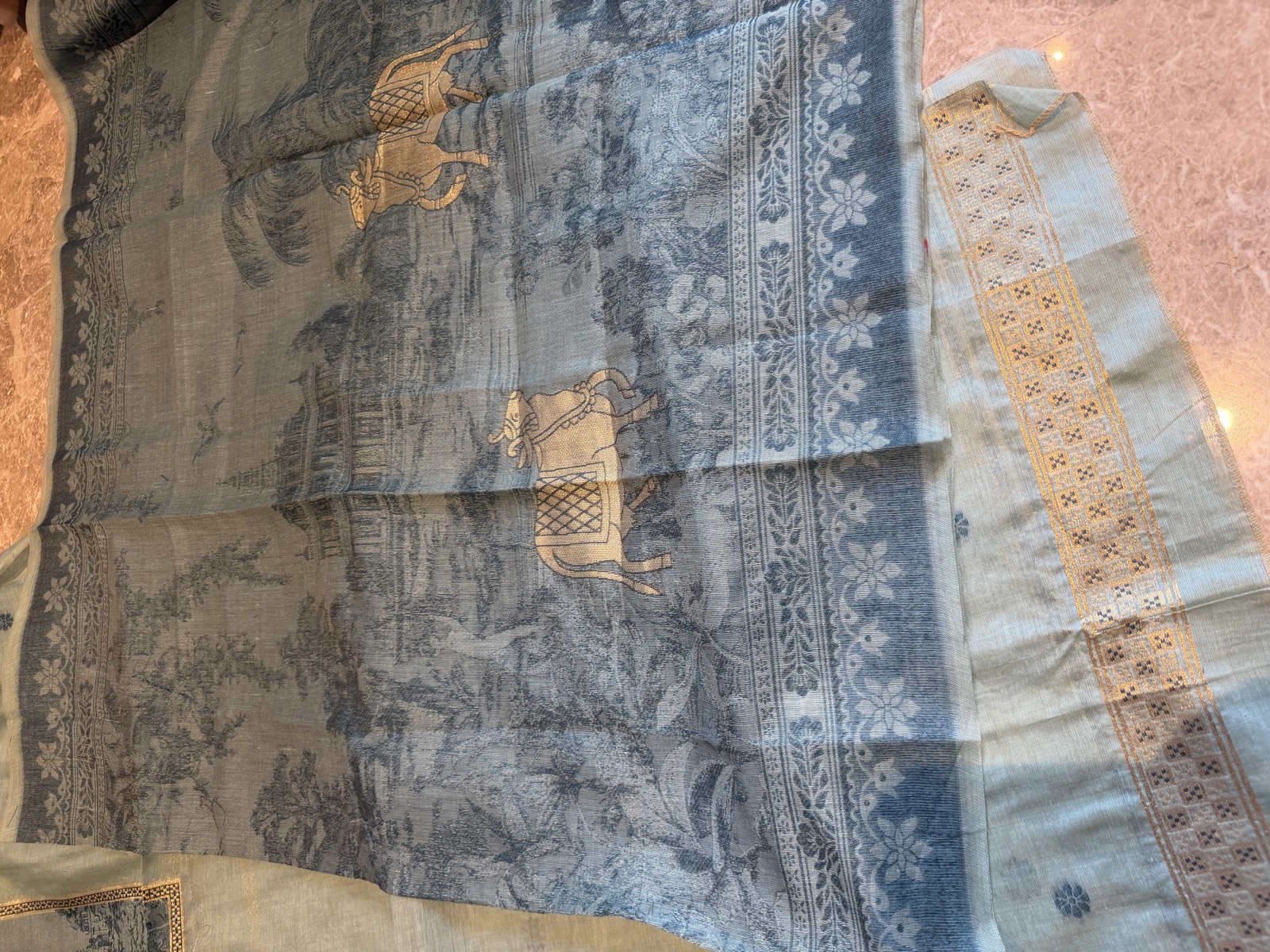Sage Green Handspun Khadi Unstitched Suit Set with Pichwai Weave Dupatta — Khadi, India, view 2