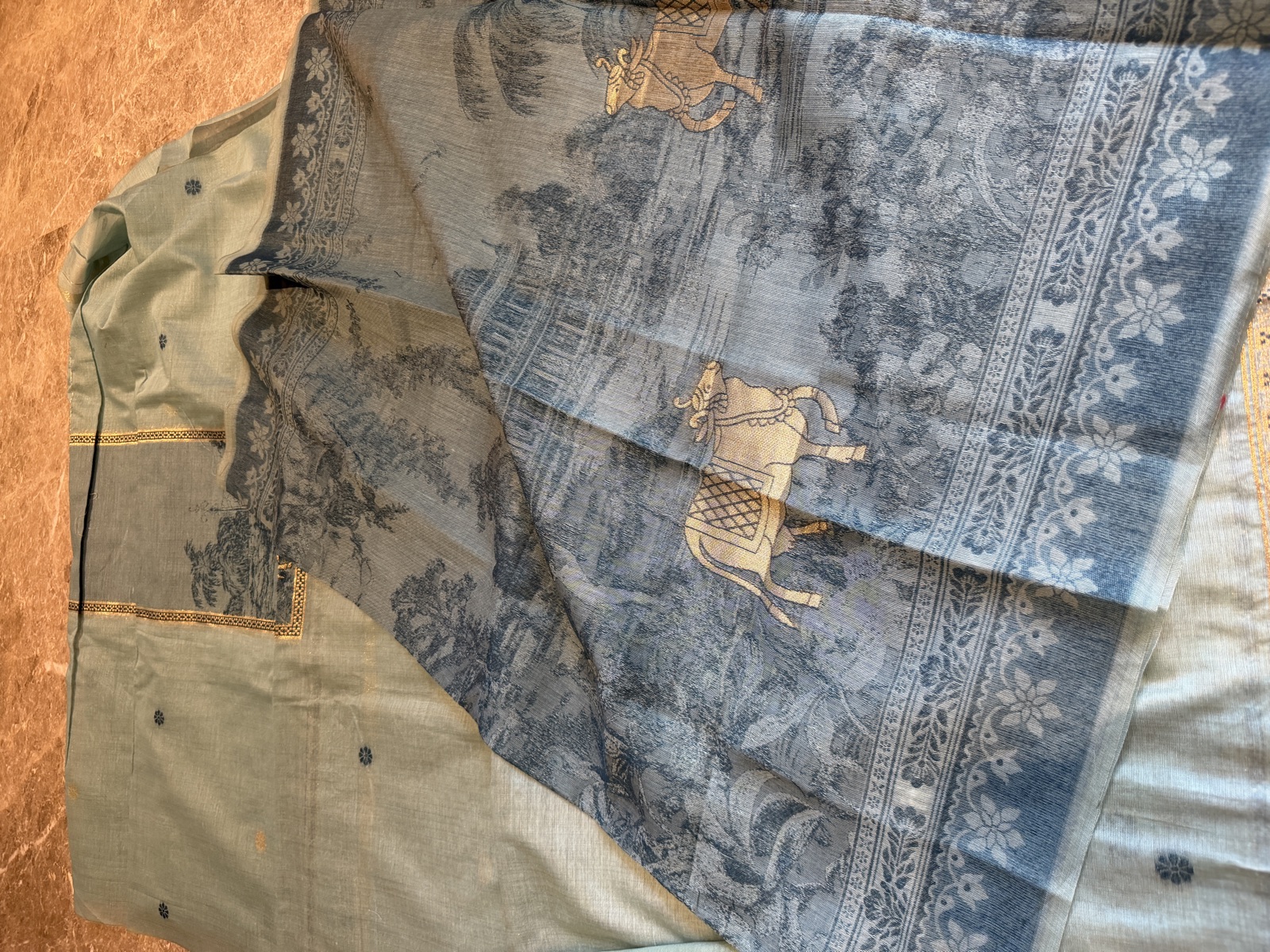 Sage Green Handspun Khadi Unstitched Suit Set with Pichwai Weave Dupatta — Khadi, India, view 5