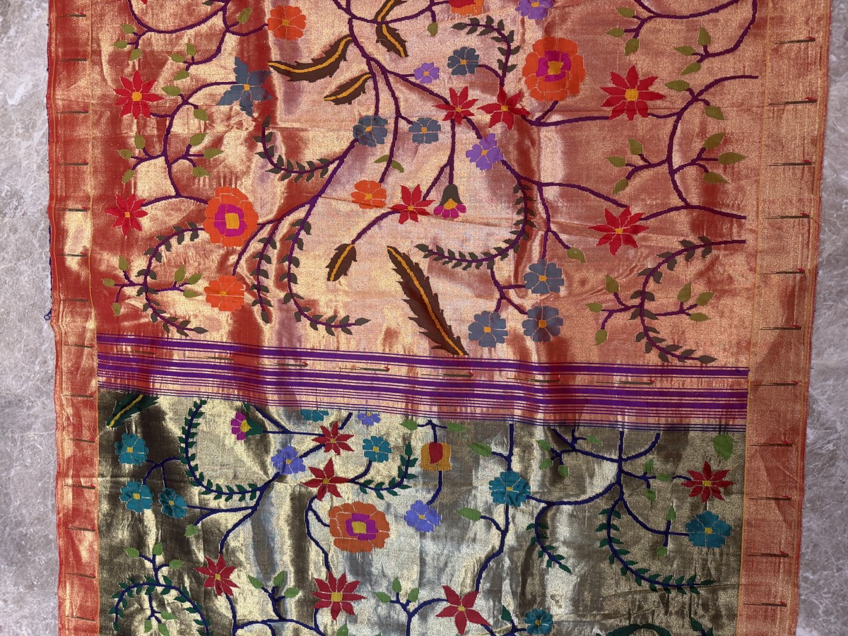 Greenish Gold Tissue Silk Jamdani Paithani Saree — Paithani, Tissue Silk, Yeola, Maharashtra, view 12