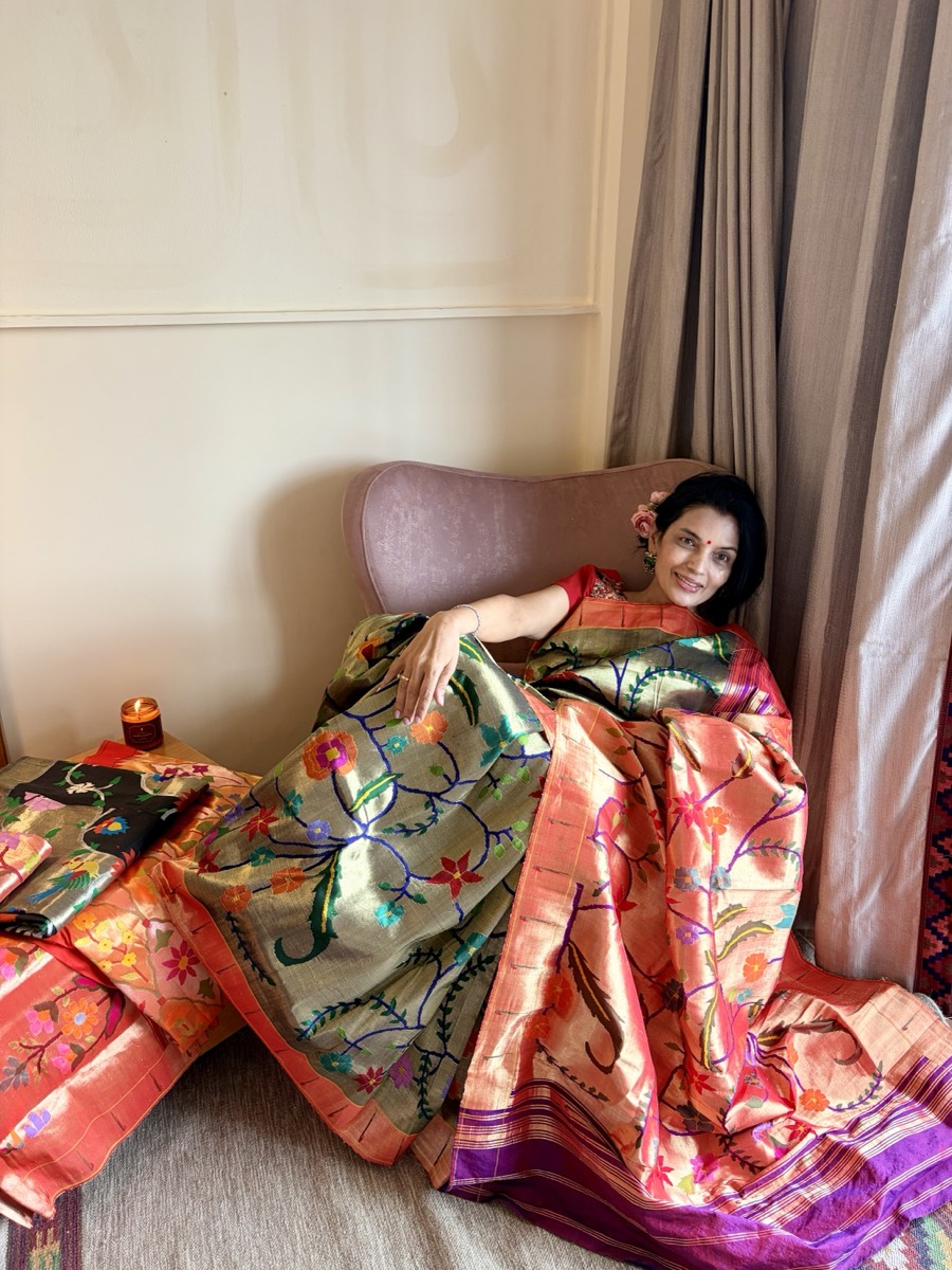 Greenish Gold Tissue Silk Jamdani Paithani Saree — Paithani, Tissue Silk, Yeola, Maharashtra, view 7