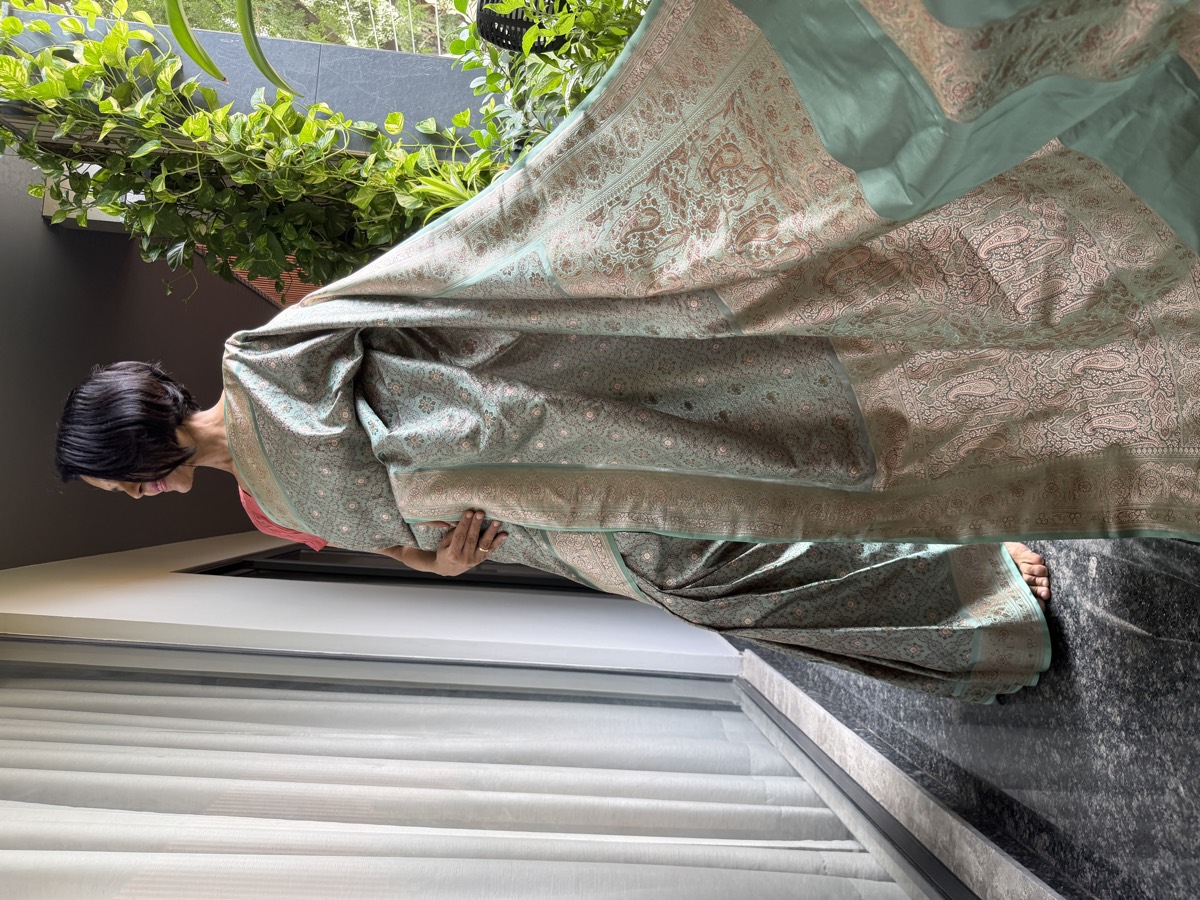 Limited-Edition Seafoam Tanchoi–Khimkhaab Fusion Banarasi Saree — Banarasi, Silk Tanchoi & Silk Brocade Khimkhaab, Varanasi, Uttar Pradesh, view 5