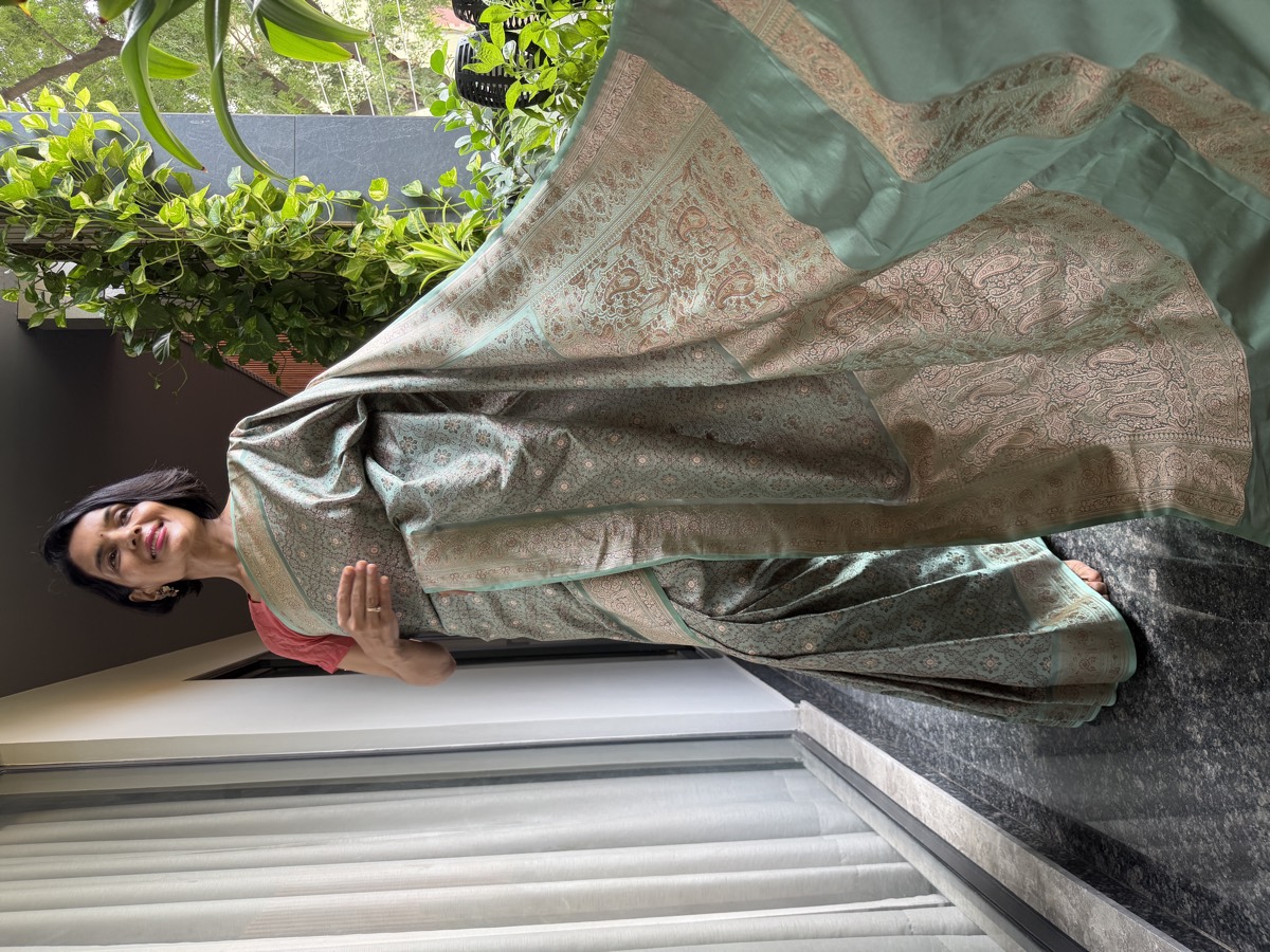 Limited-Edition Seafoam Tanchoi–Khimkhaab Fusion Banarasi Saree — Banarasi, Silk Tanchoi & Silk Brocade Khimkhaab, Varanasi, Uttar Pradesh, view 6