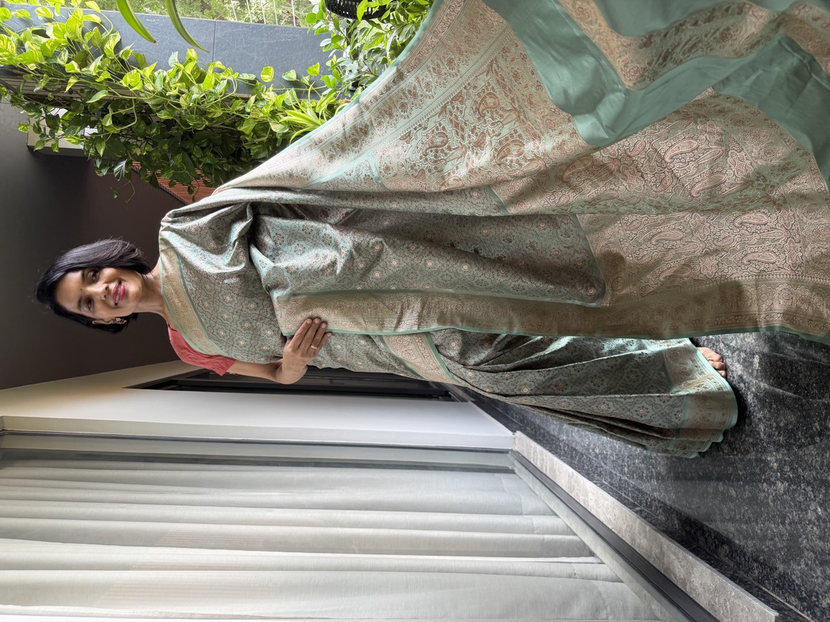 Limited-Edition Seafoam Tanchoi–Khimkhaab Fusion Banarasi Saree — Banarasi, Silk Tanchoi & Silk Brocade Khimkhaab, Varanasi, Uttar Pradesh, view 4