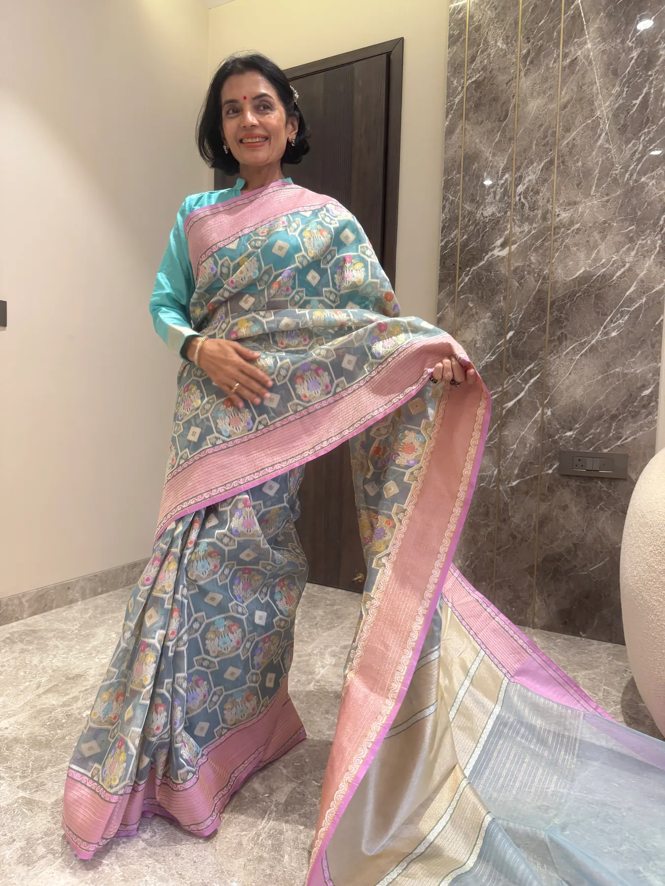 Slate Blue and Pink Kora Silk Cutwork Jamdani Banarasi Saree — Banarasi, Kora Silk