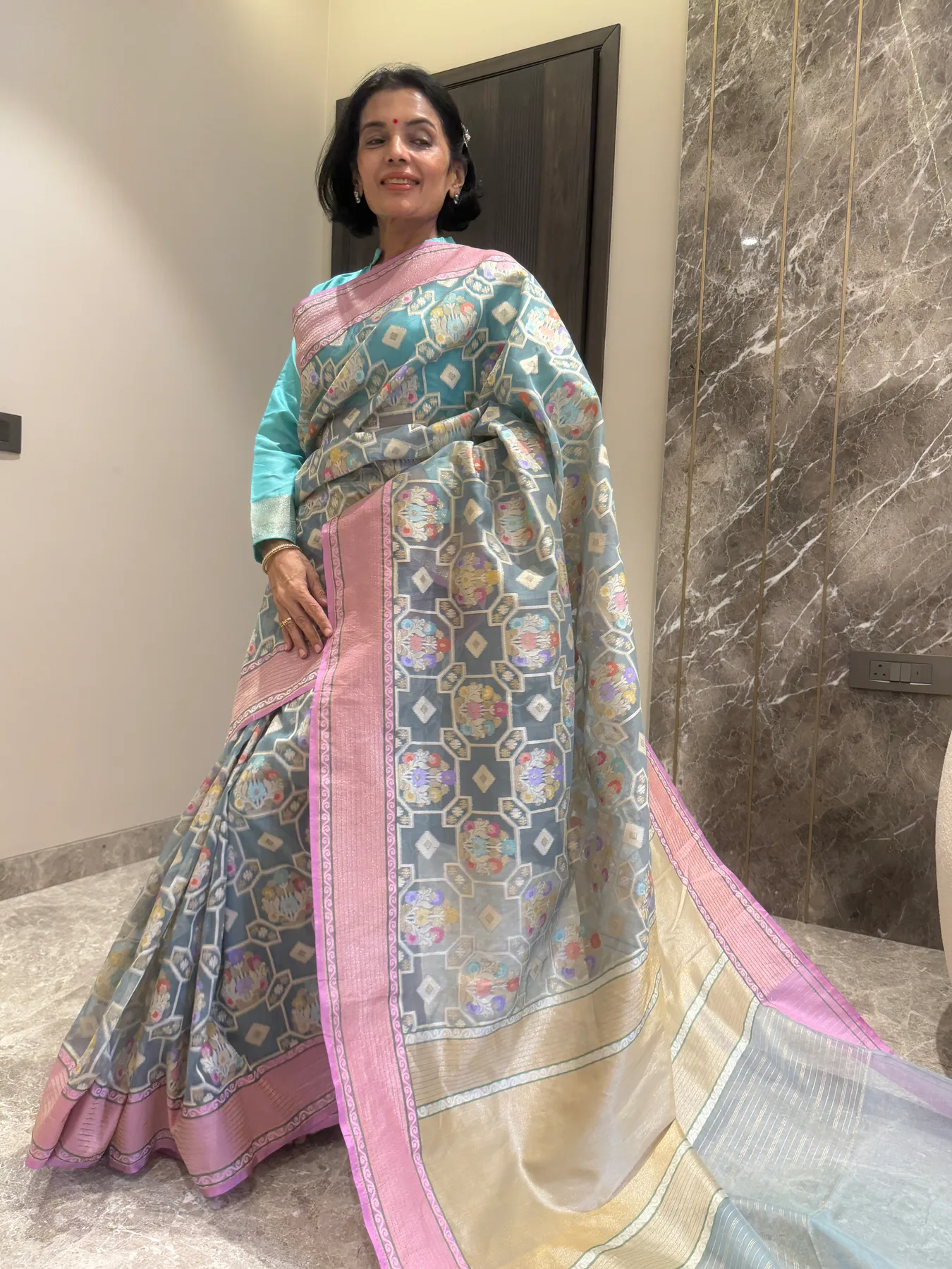 Slate Blue and Pink Kora Silk Cutwork Jamdani Banarasi Saree — Banarasi, Kora Silk, view 6