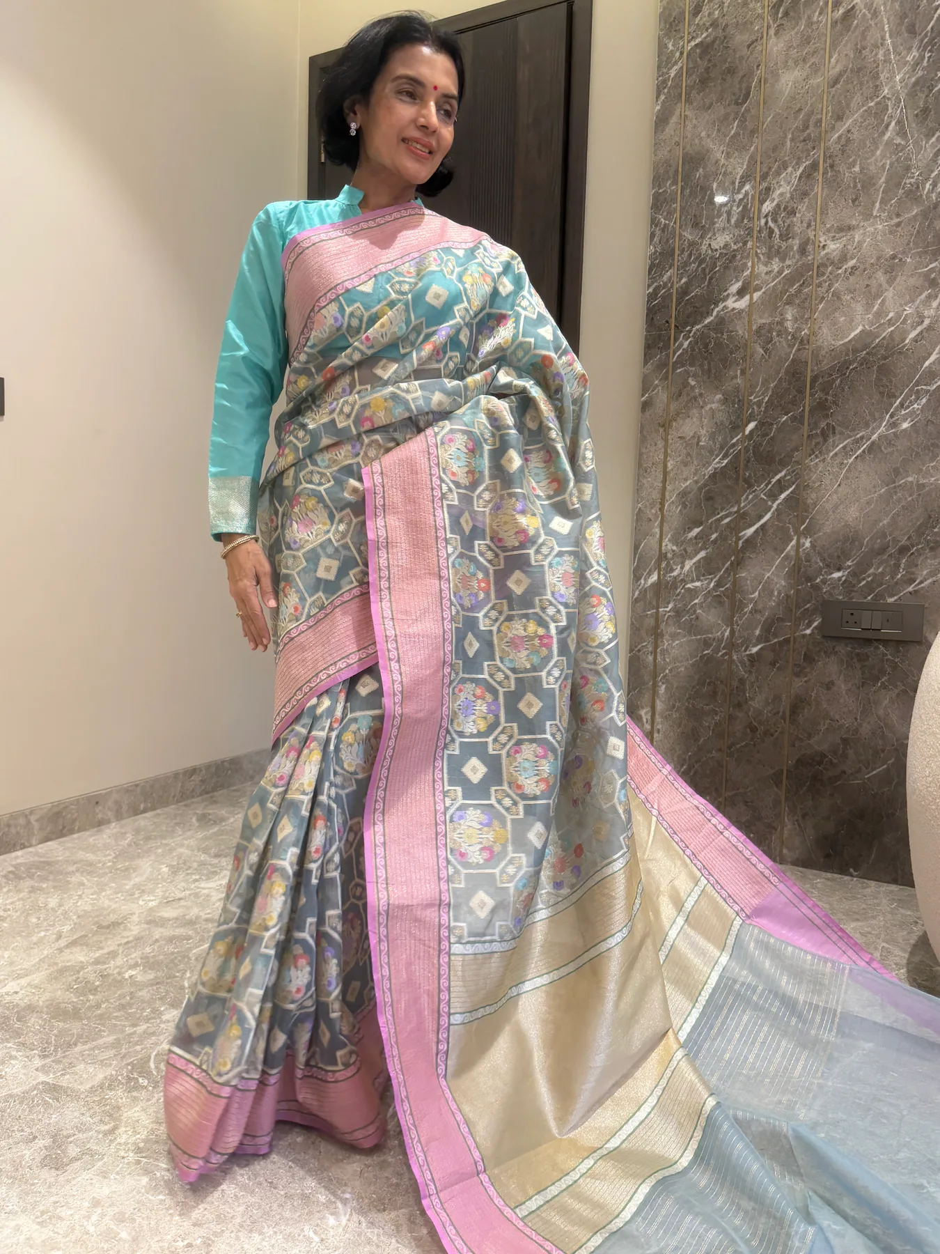 Slate Blue and Pink Kora Silk Cutwork Jamdani Banarasi Saree — Banarasi, Kora Silk, view 3