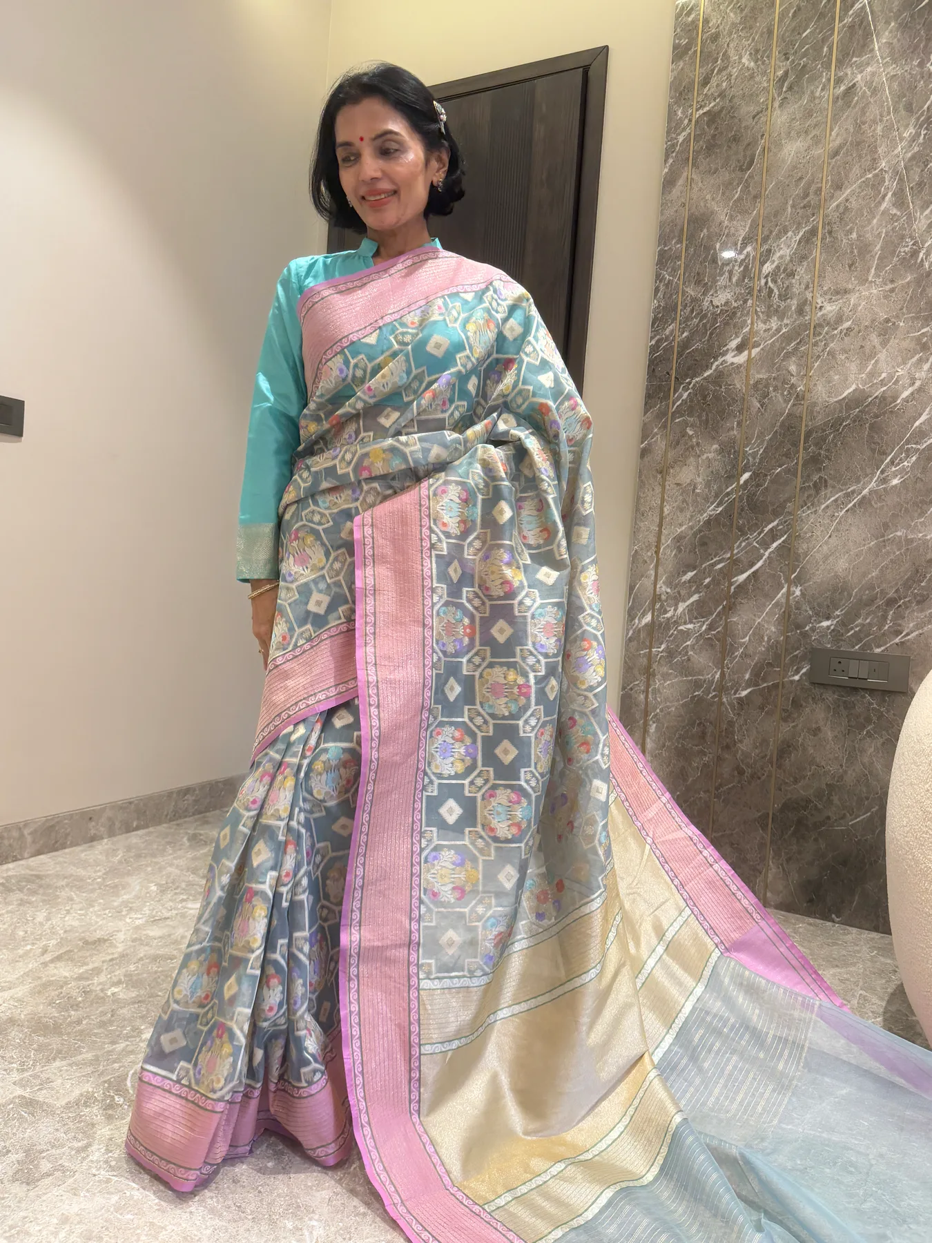 Slate Blue and Pink Kora Silk Cutwork Jamdani Banarasi Saree — Banarasi, Kora Silk, view 4