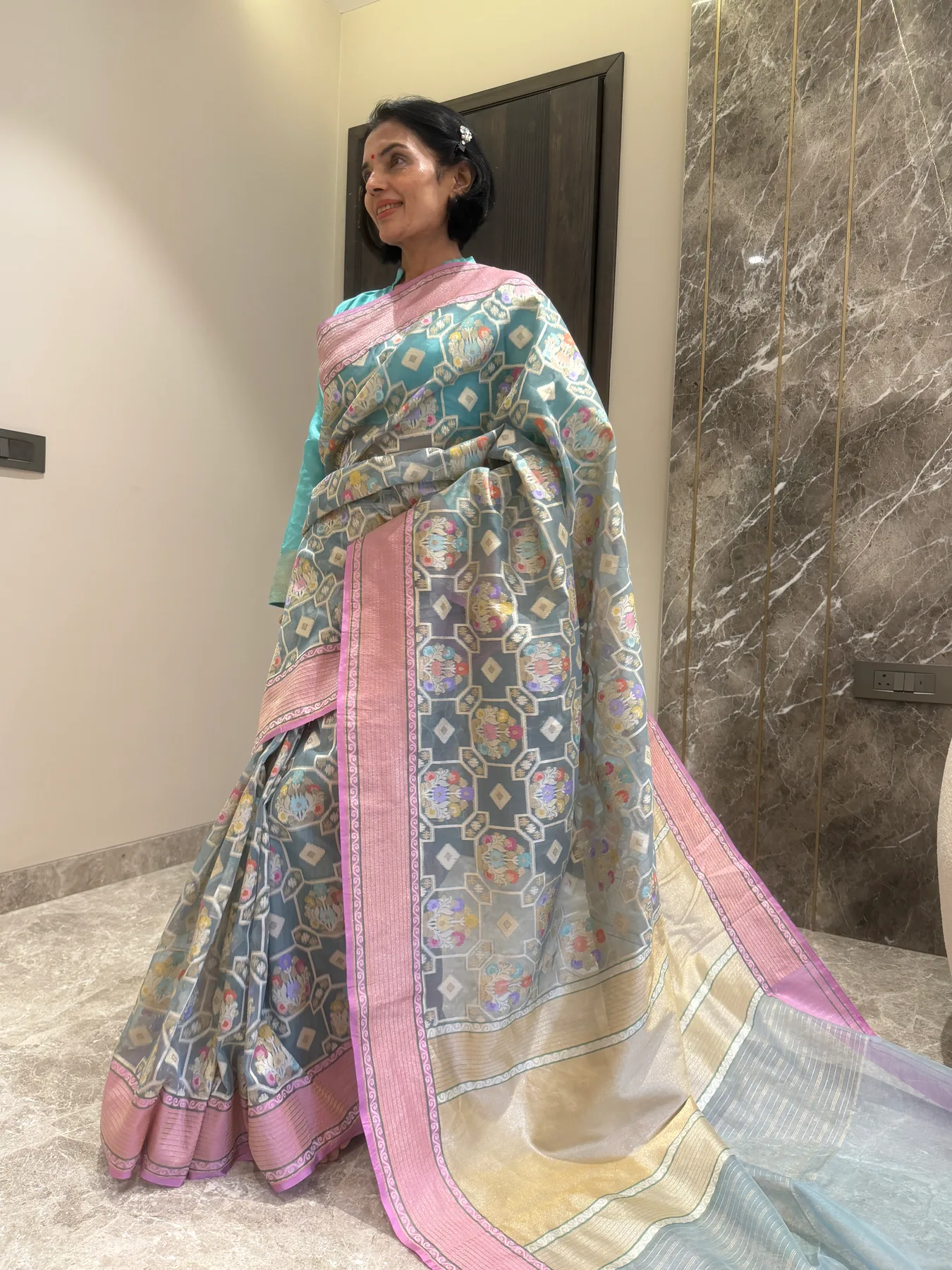 Slate Blue and Pink Kora Silk Cutwork Jamdani Banarasi Saree — Banarasi, Kora Silk, view 5