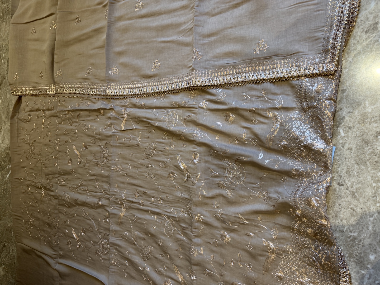 Taupe Monga Silk Unstitched Suit Set with Aari Pitta Work — Monga Silk, India