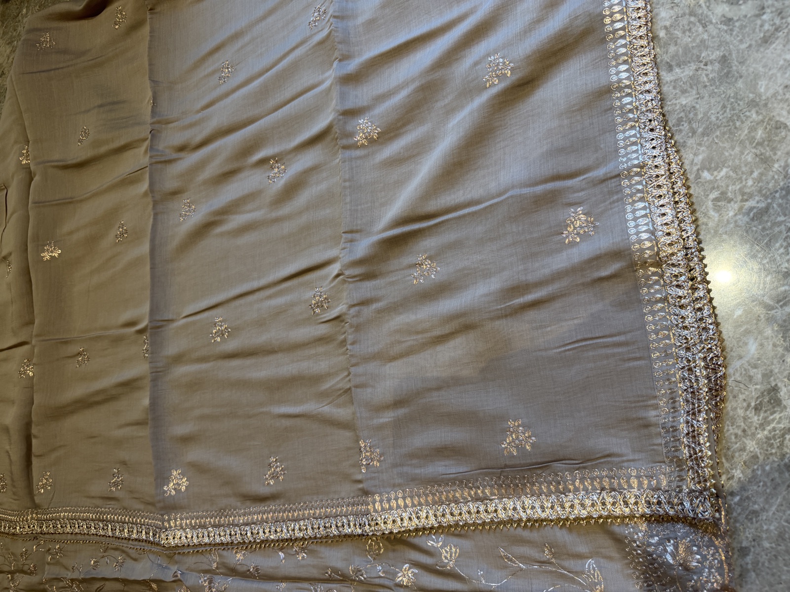 Taupe Monga Silk Unstitched Suit Set with Aari Pitta Work — Monga Silk, India, view 2