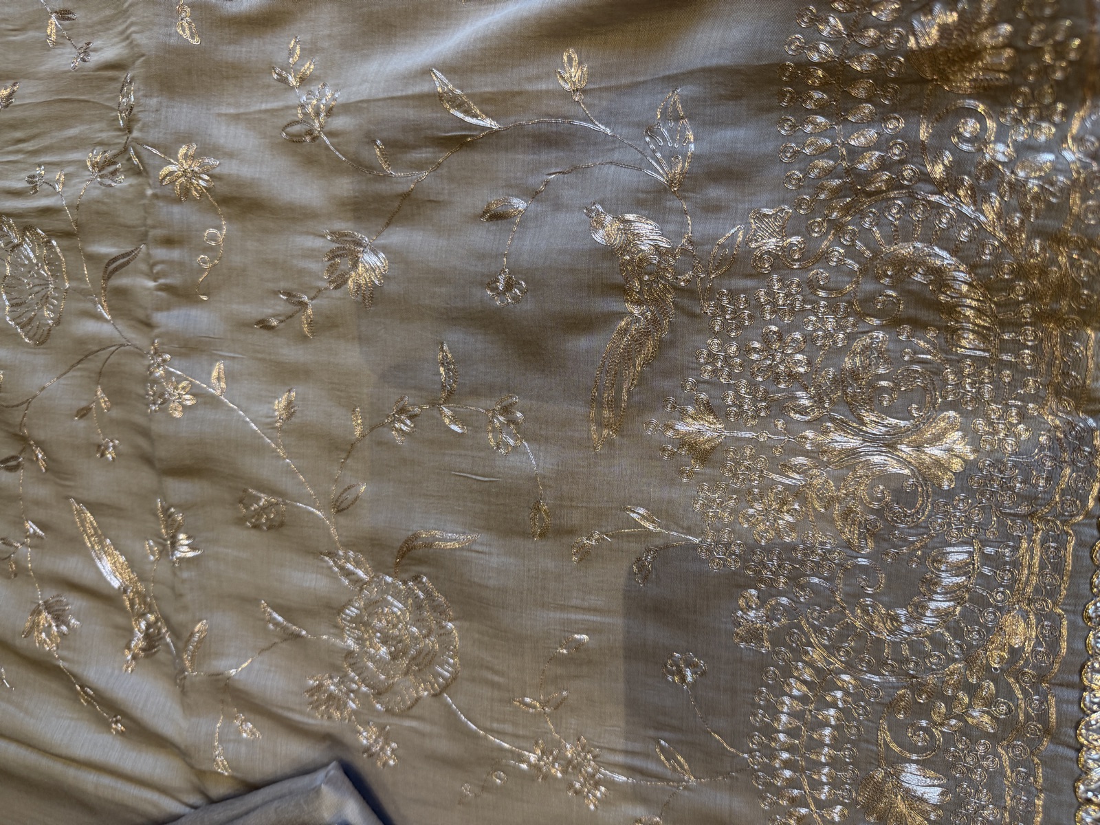 Taupe Monga Silk Unstitched Suit Set with Aari Pitta Work — Monga Silk, India, view 3