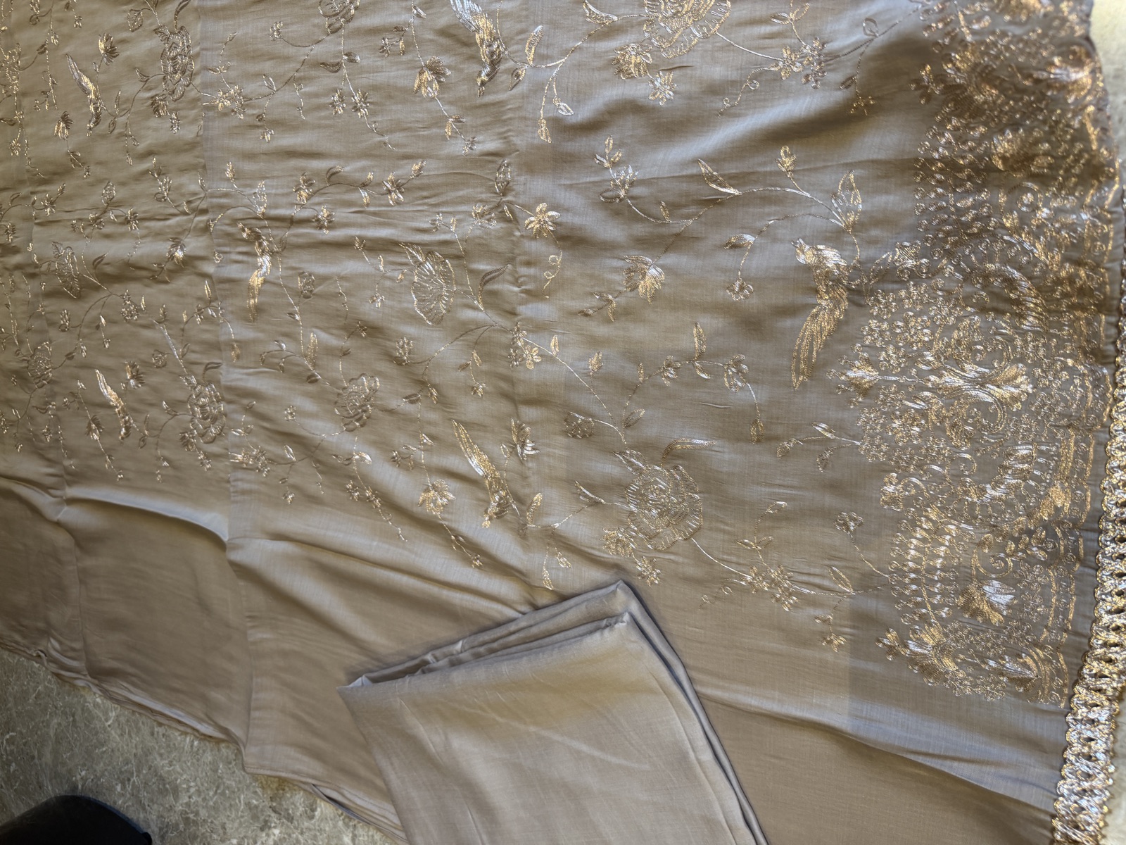 Taupe Monga Silk Unstitched Suit Set with Aari Pitta Work — Monga Silk, India, view 4