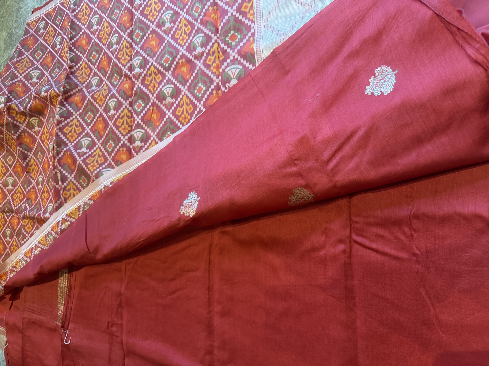 Tomato Red Monga Tussar Silk Unstitched Suit Set with Kaduwa Sona Rupa Buti — Monga Tussar Silk, Varanasi, Uttar Pradesh