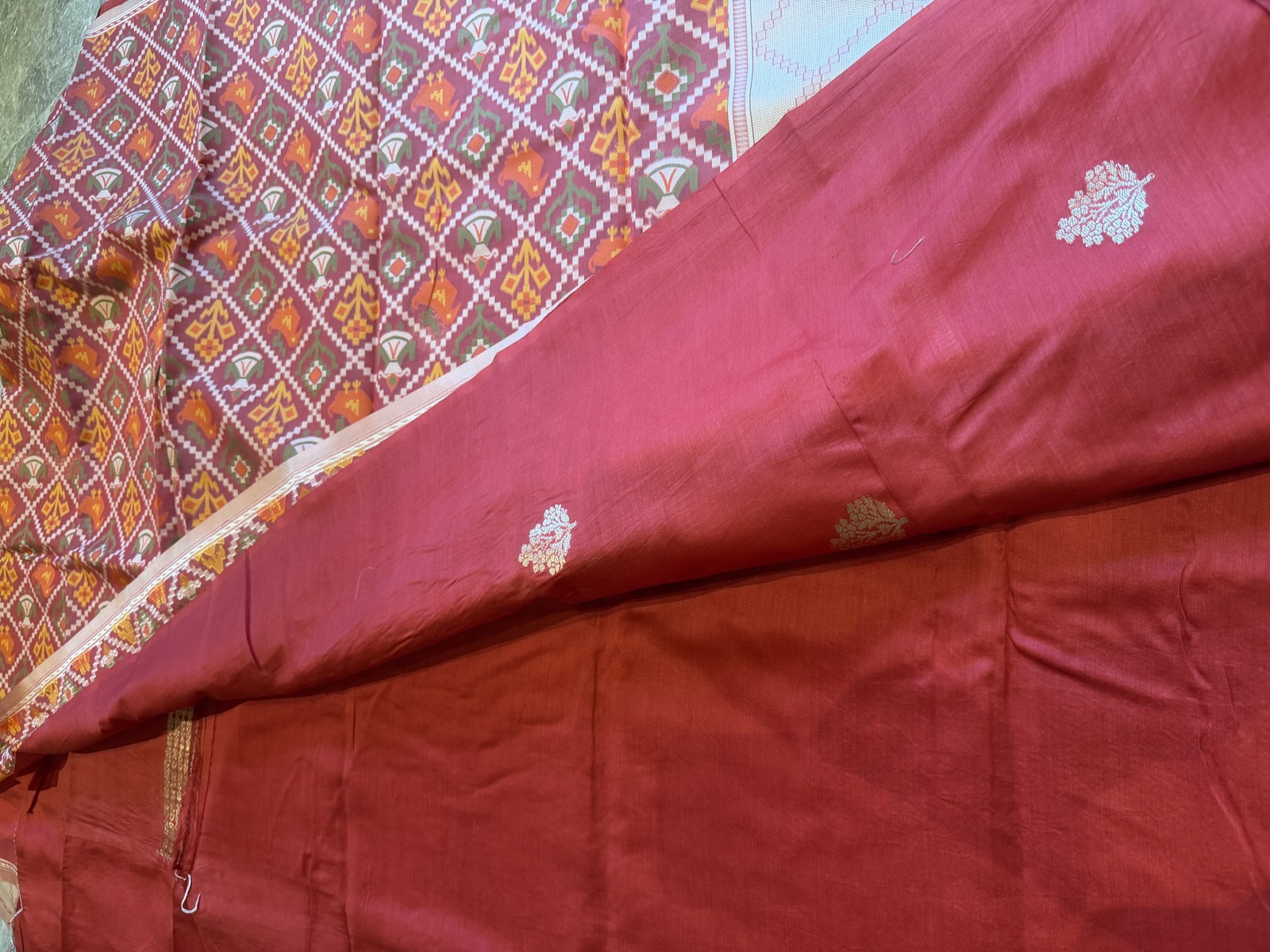 Tomato Red Monga Tussar Silk Unstitched Suit Set with Kaduwa Sona Rupa Buti — Monga Tussar Silk, Varanasi, Uttar Pradesh, view 2