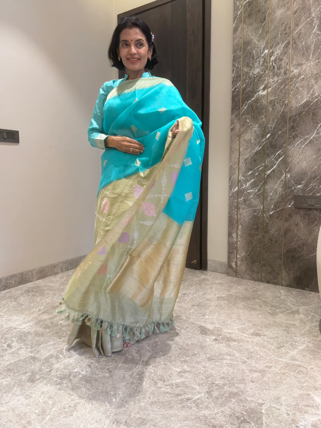 Turquoise and Pistachio Pure Handloom Kaduwa Sona Rupa Multi Meena Kadiyal Border Banarasi Saree — Banarasi