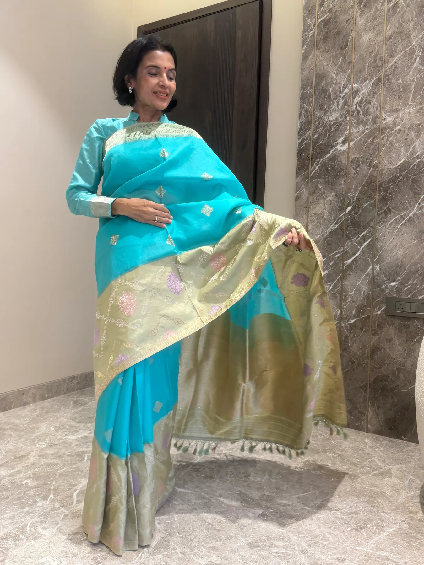 Turquoise and Pistachio Pure Handloom Kaduwa Sona Rupa Multi Meena Kadiyal Border Banarasi Saree — Banarasi, view 5