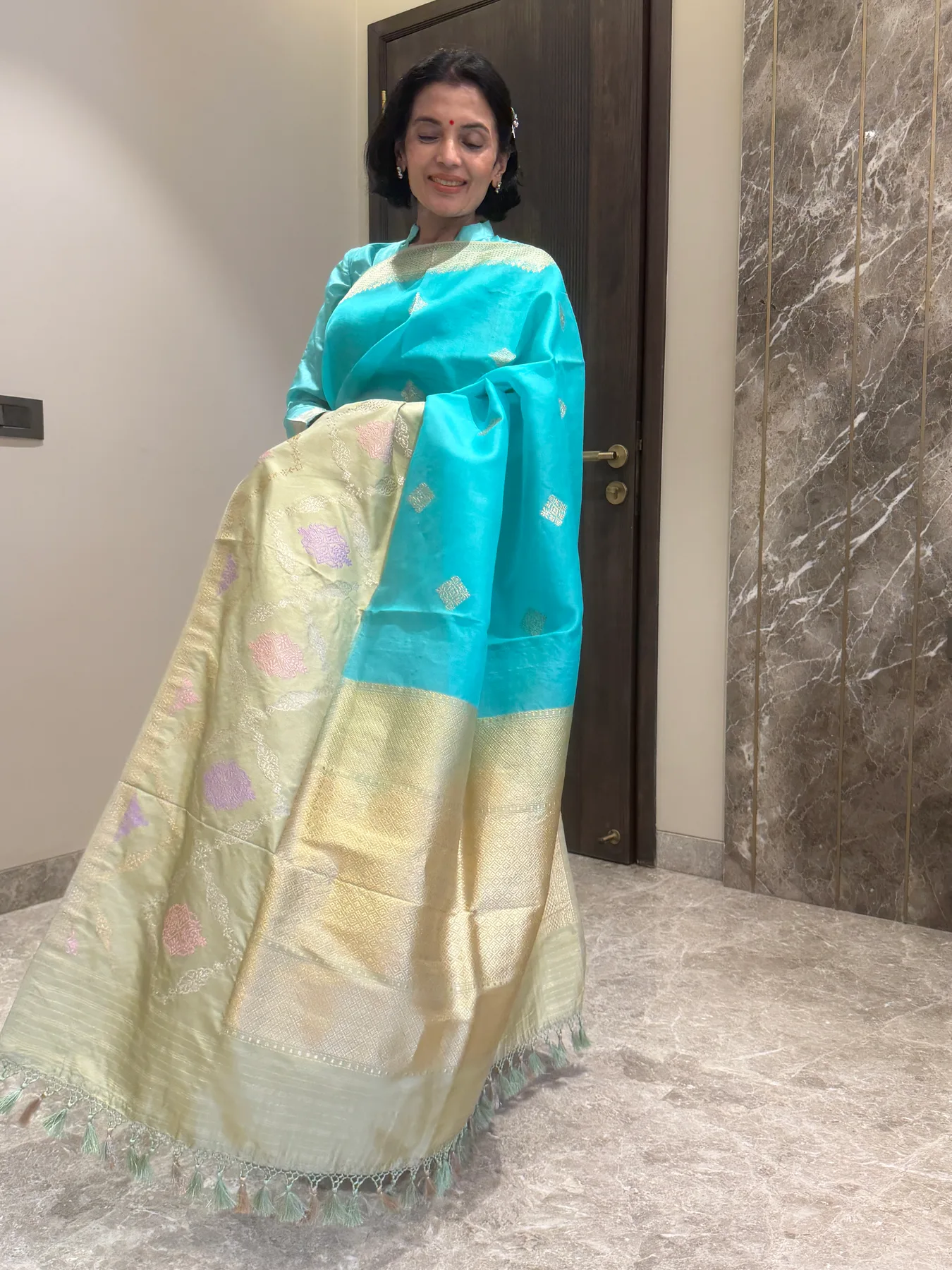 Turquoise and Pistachio Pure Handloom Kaduwa Sona Rupa Multi Meena Kadiyal Border Banarasi Saree — Banarasi, view 3