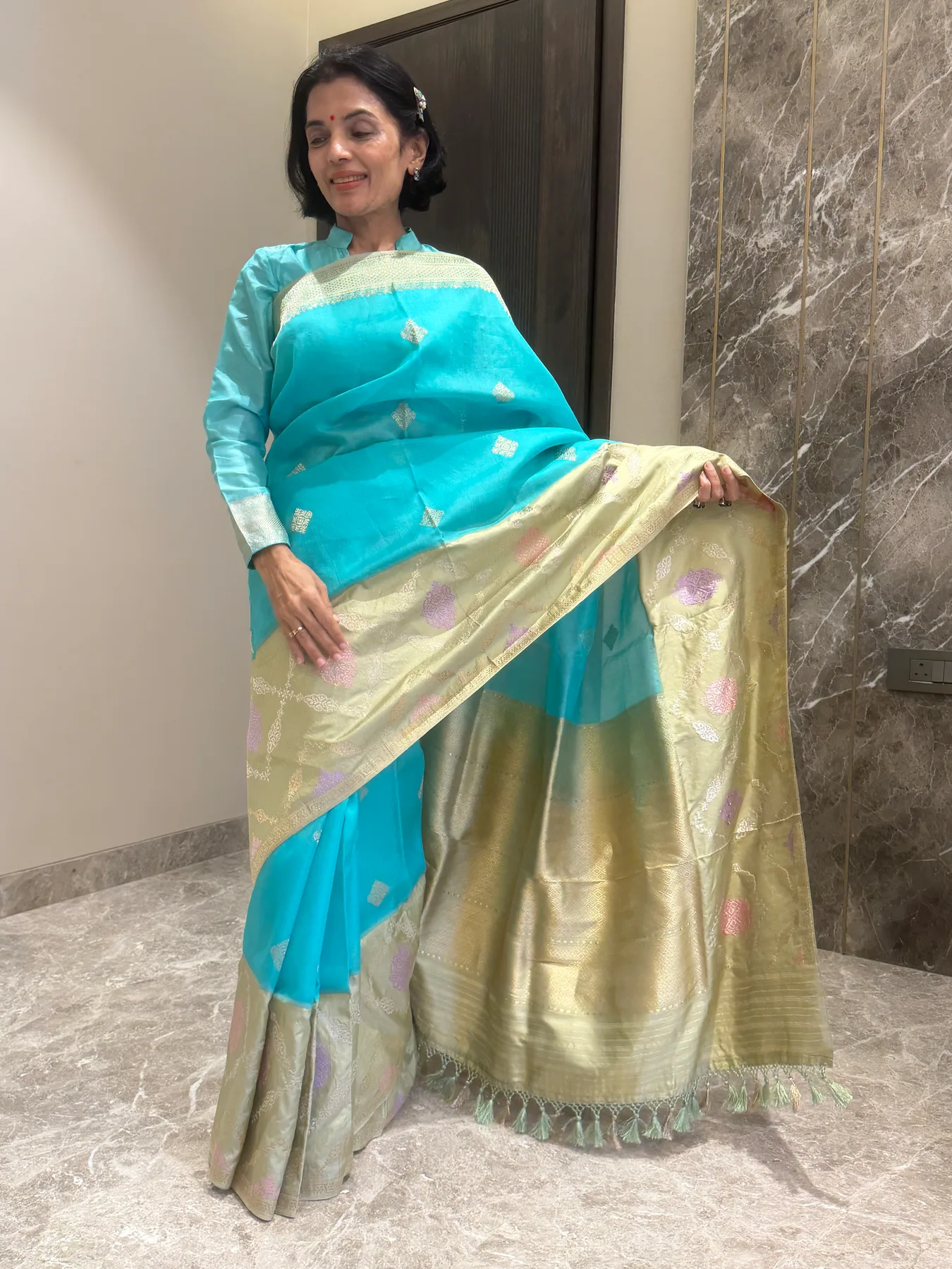 Turquoise and Pistachio Pure Handloom Kaduwa Sona Rupa Multi Meena Kadiyal Border Banarasi Saree — Banarasi, view 2